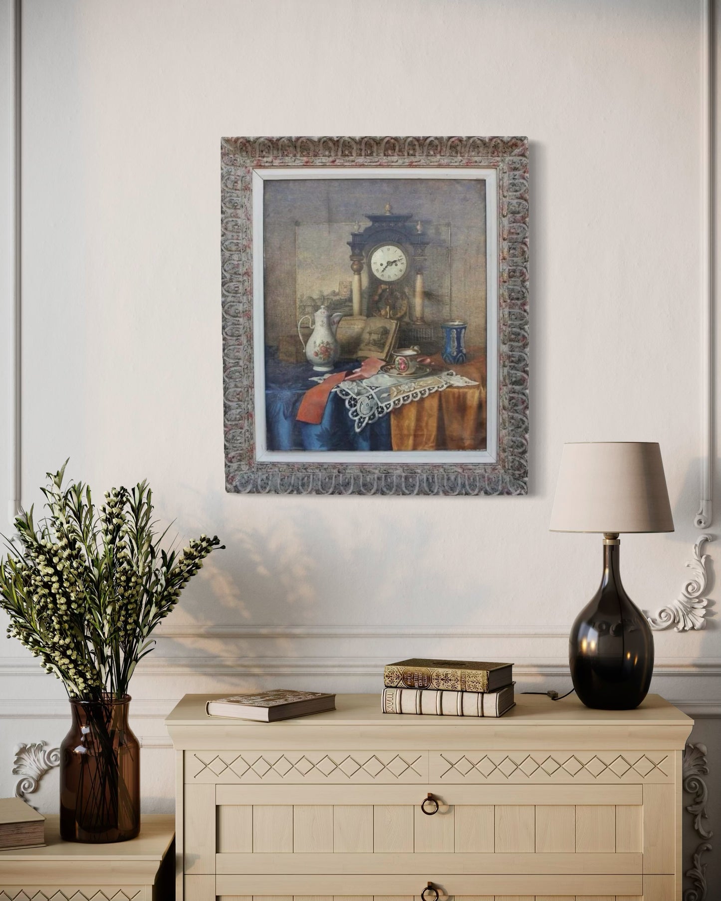 FRANZ KRISCHKE, Still Life Painting of a Clock, Teapot, Teacup, and Book, 1950s