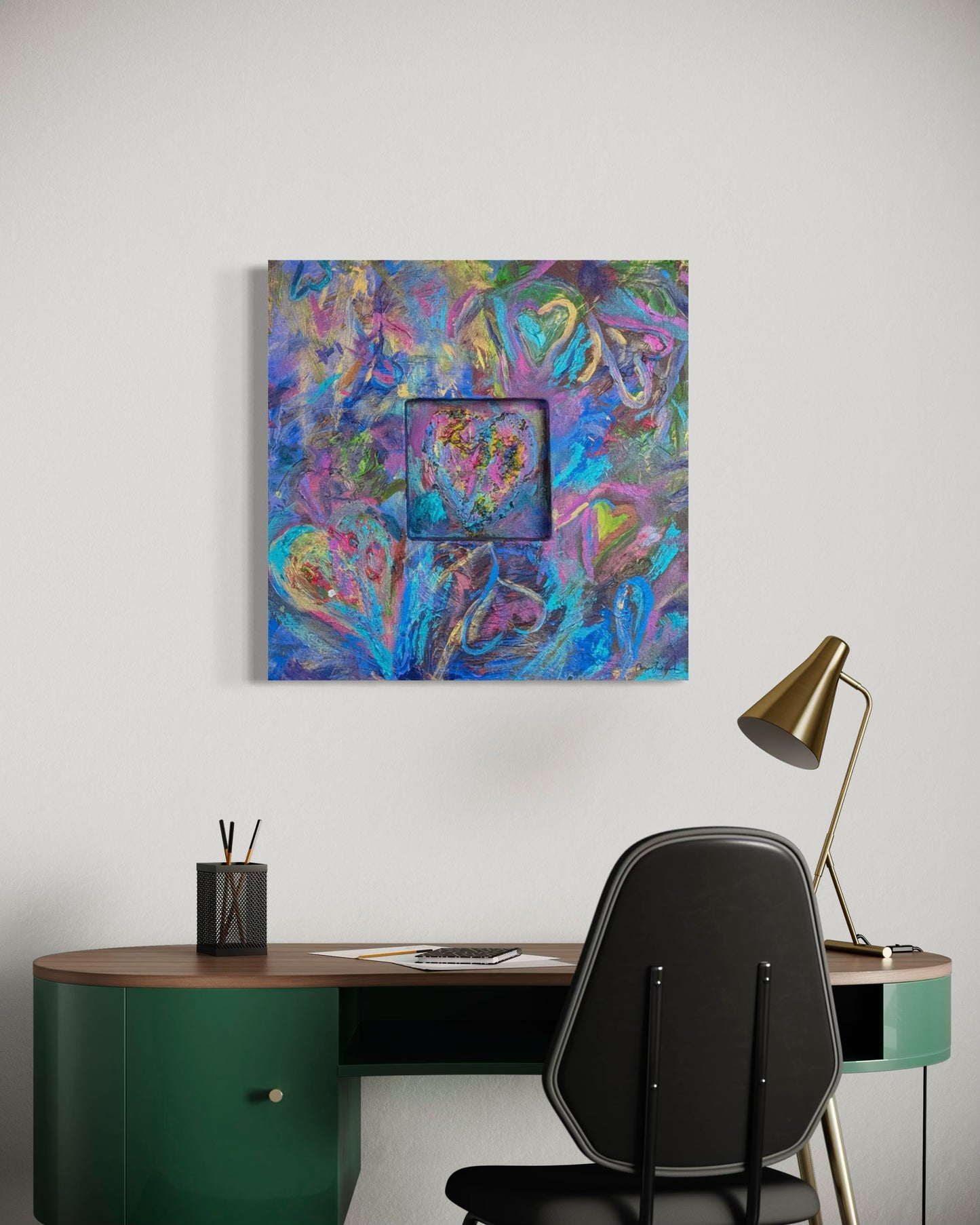 CARYN LANDAUER, "Hearts & Patterns II" Contemporary Colorful Blue, Yellow, & Pink Heart Abstract Painting