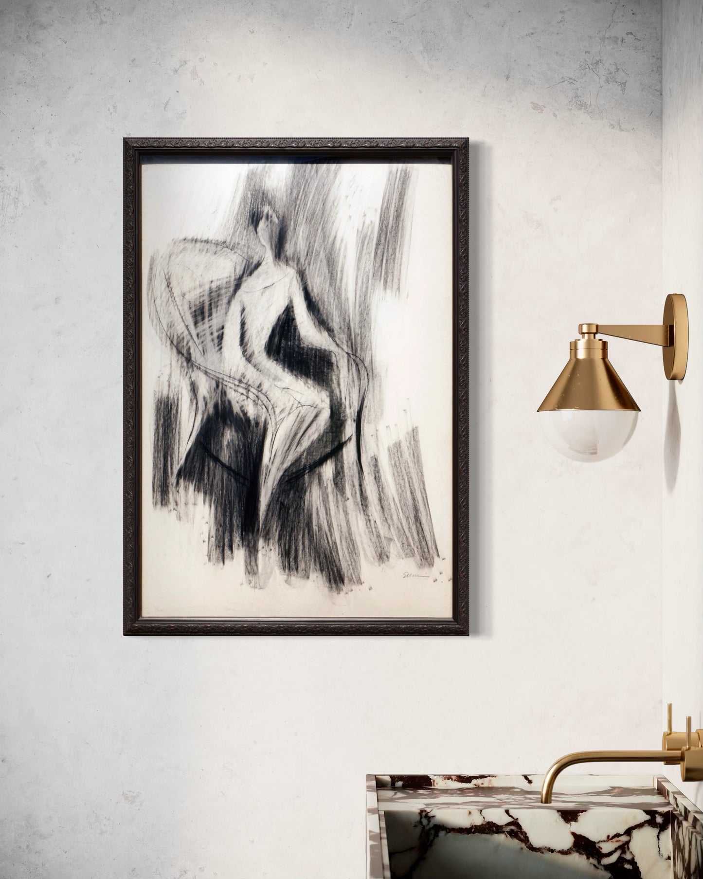 EUGENE MAX MASSIN, Modern Abstract Figurative Charcoal Drawing of a Woman in a Peacock Chair, 20th Century
