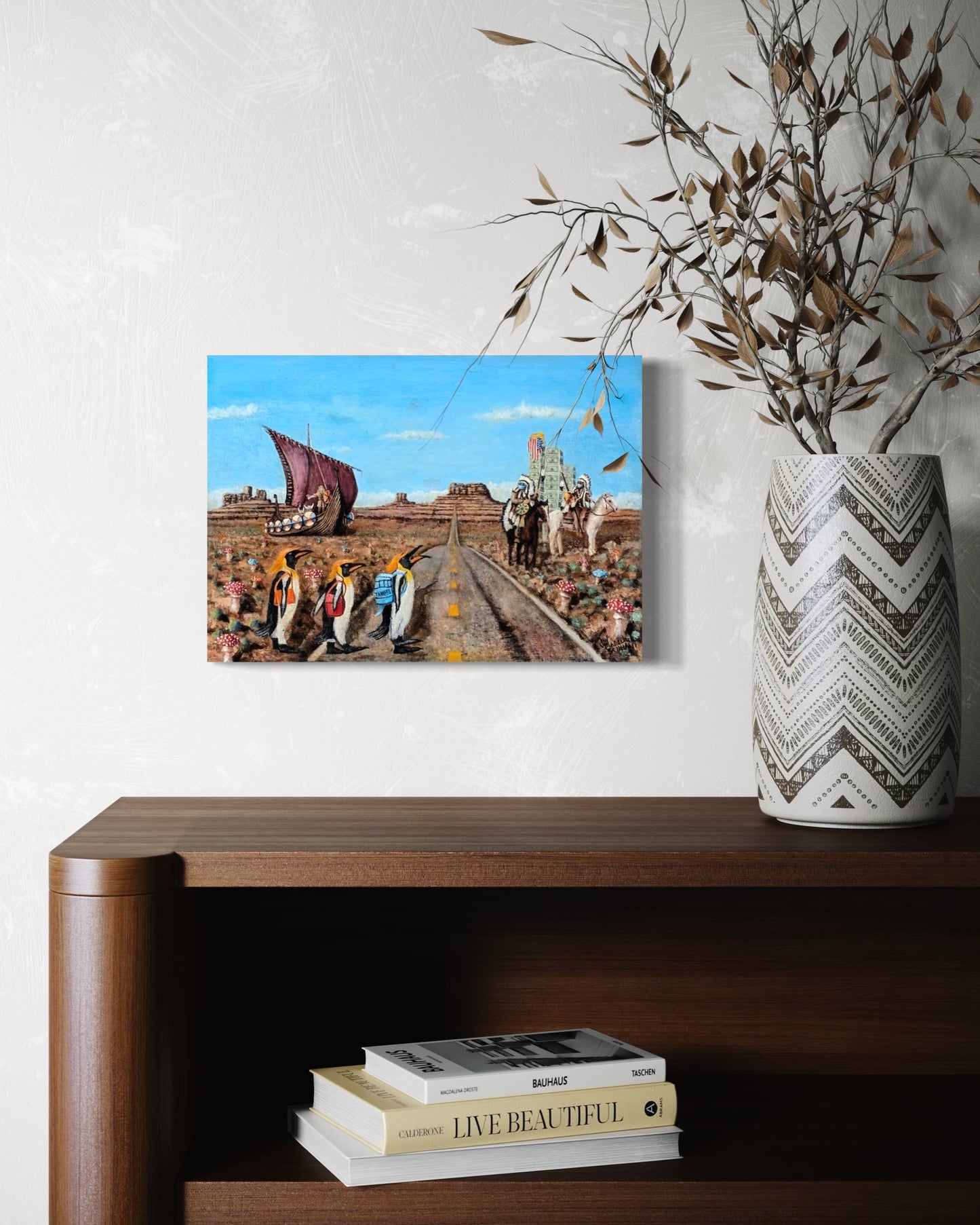 JAN MARELIUS, Contemporary Surrealist Painting of Penguins Crossing a Road with Native Americans and Vikings, 21st Century