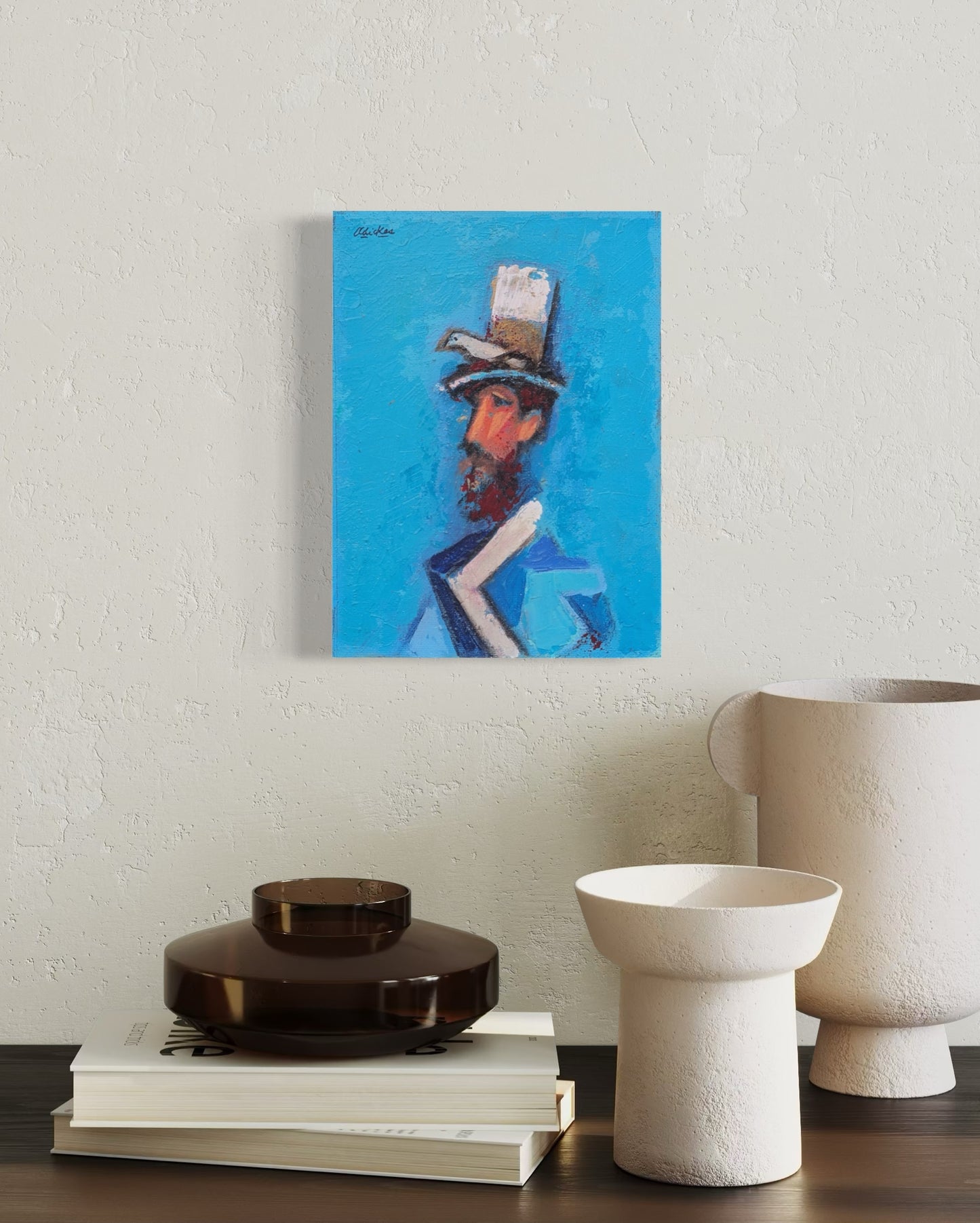 DAVID ADICKES, Modern Abstract Portrait of a Bearded Man with a Bird on His Head, 20th Century