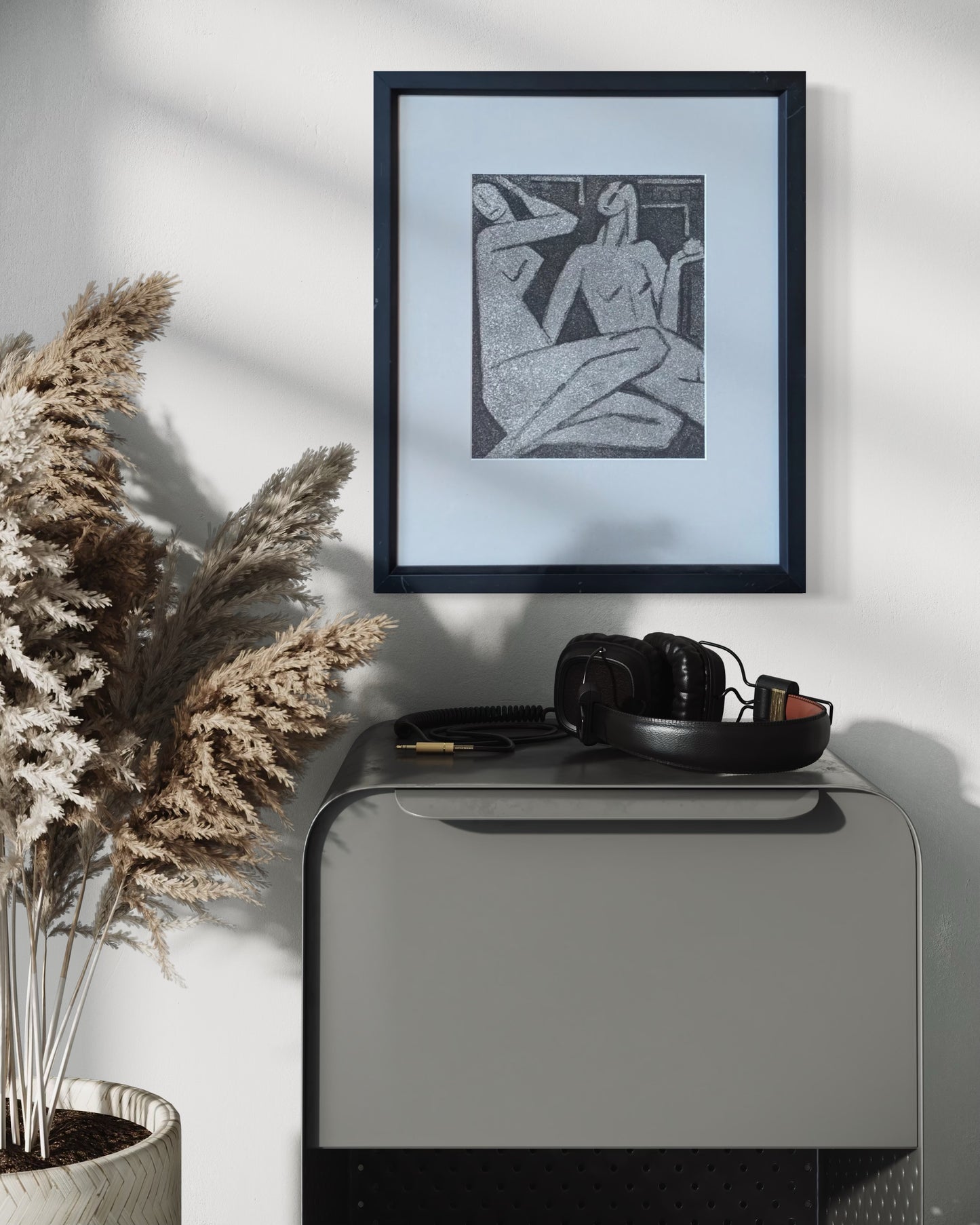 UNKNOWN, Modern Abstract Black and White Drawing of a Pair of Nude Female Figures