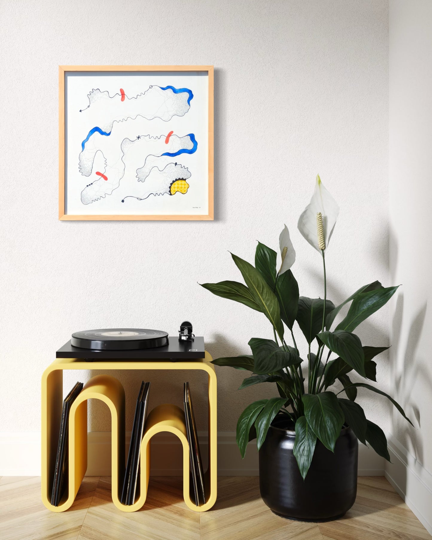 TINA RUYI, "Untitled" Contemporary Geometric Blue, Red, & Yellow Abstract Watercolor Painting, 2024