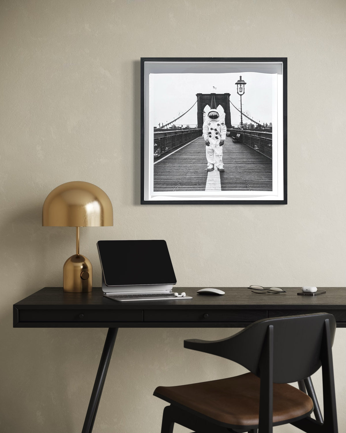 ANDY BLANK, "Space Bridge" Contemporary Black and White Photograph of an Astronaut on a Bridge