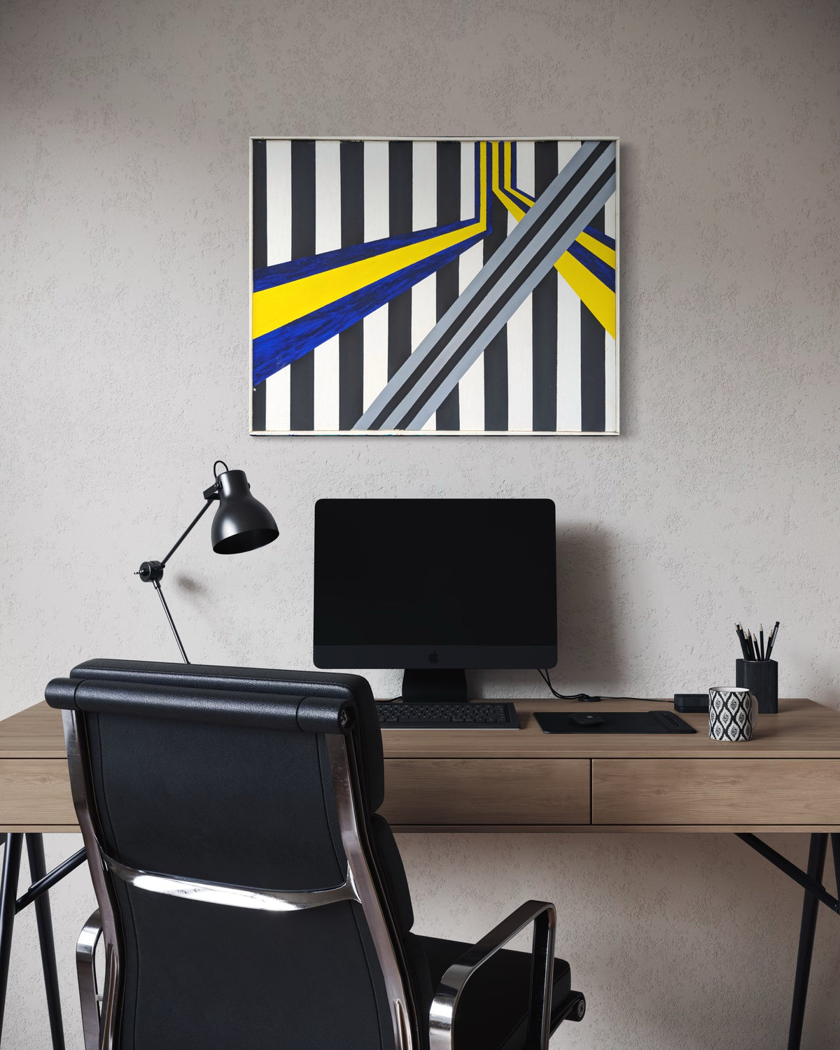 MARTIN SCHROEDER, Modern Blue, Yellow, Black, and White Geometric Linear Abstract Painting, 1988