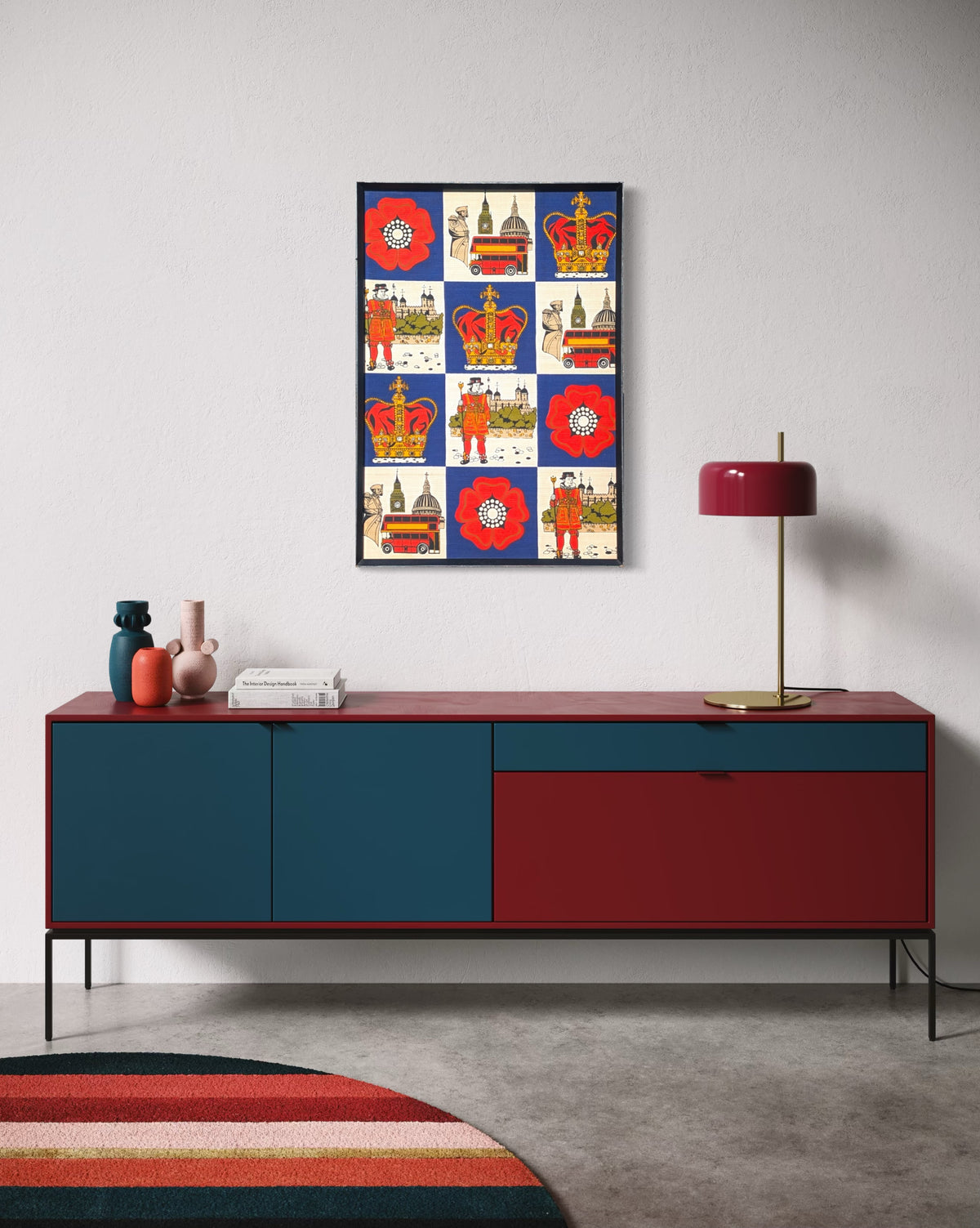 UNKNOWN, Vintage Red, White, and Blue Famous London Landmarks Framed Fabric, 1980s