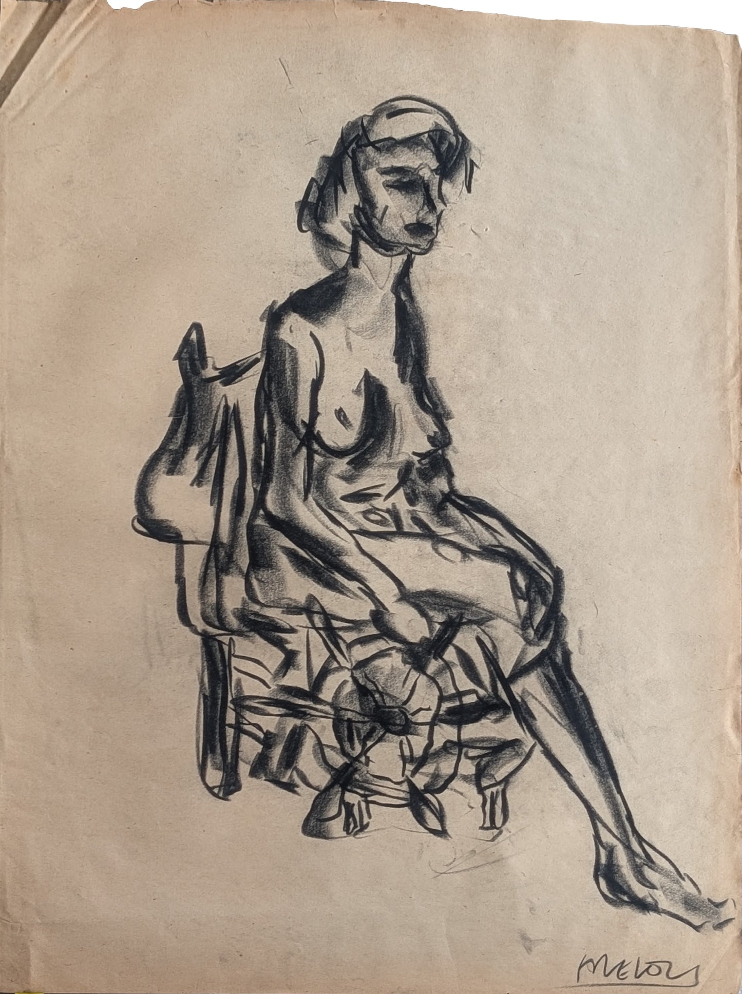 MELOY, Black and White Gestural Charcoal Drawing of a Seated Woman, 20th Century