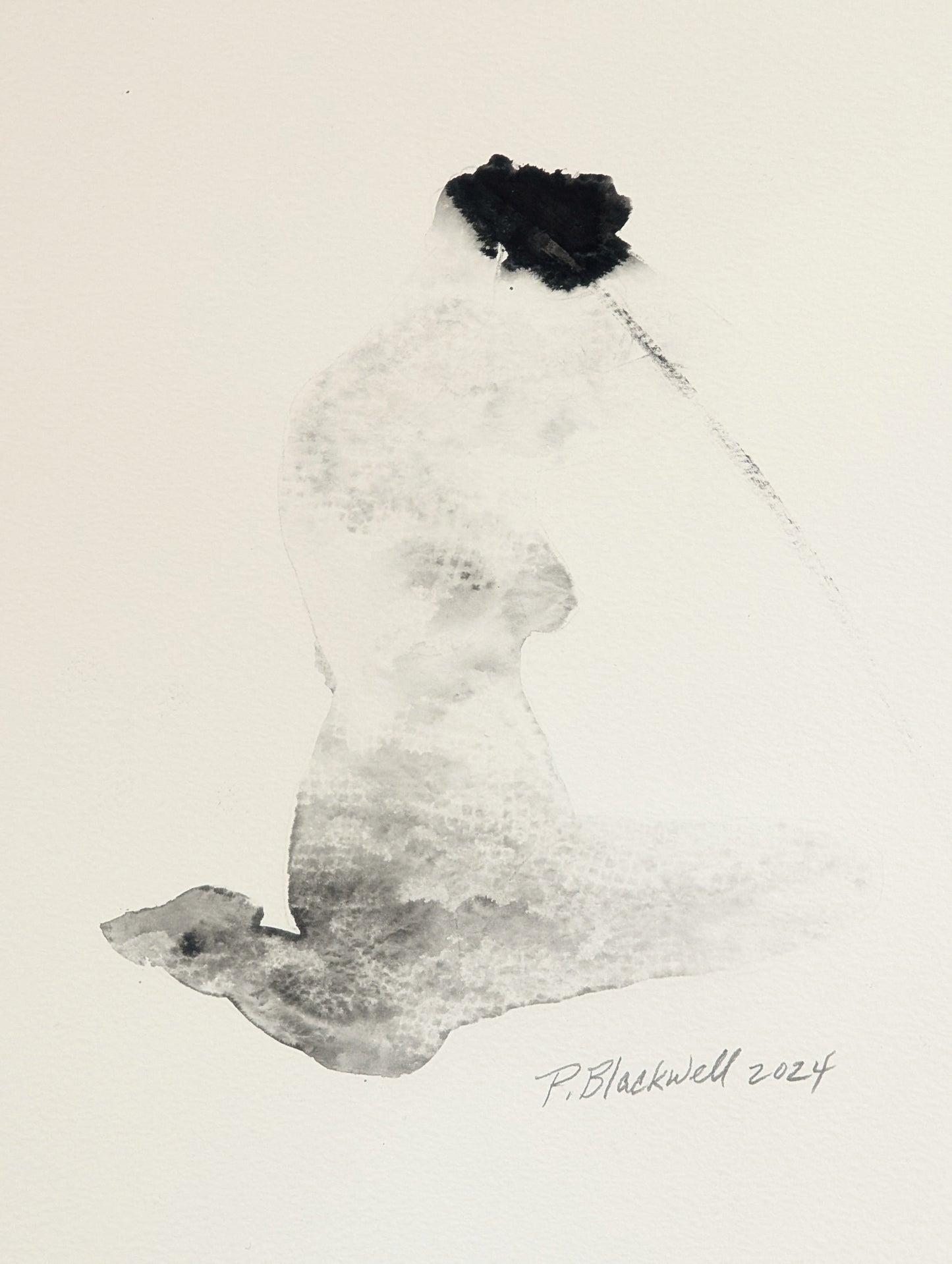 PATRICIA BLACKWELL, Contemporary Black and White Watercolor Painting of a Seated Nude Woman, 2024