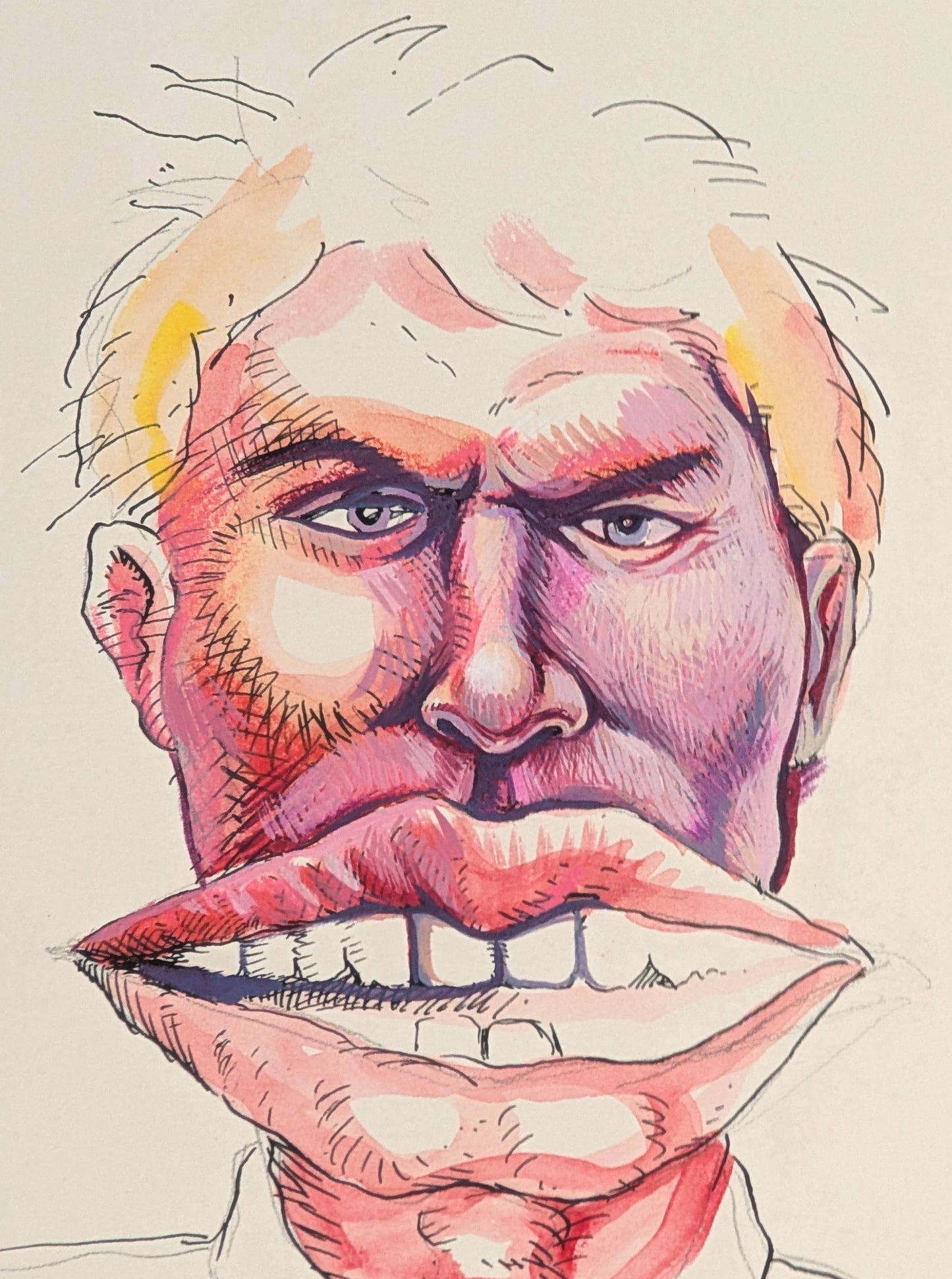 ROBERT COOK JR., Colorful Gouache and Ink Illustration of a Man with a Giant Mouth, 1980s