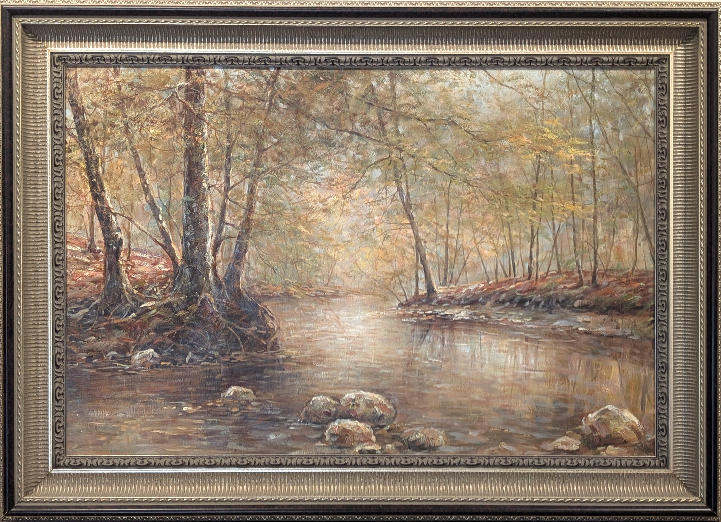 Naturalistic Landscape Painting of a River Through a Wooded Forest