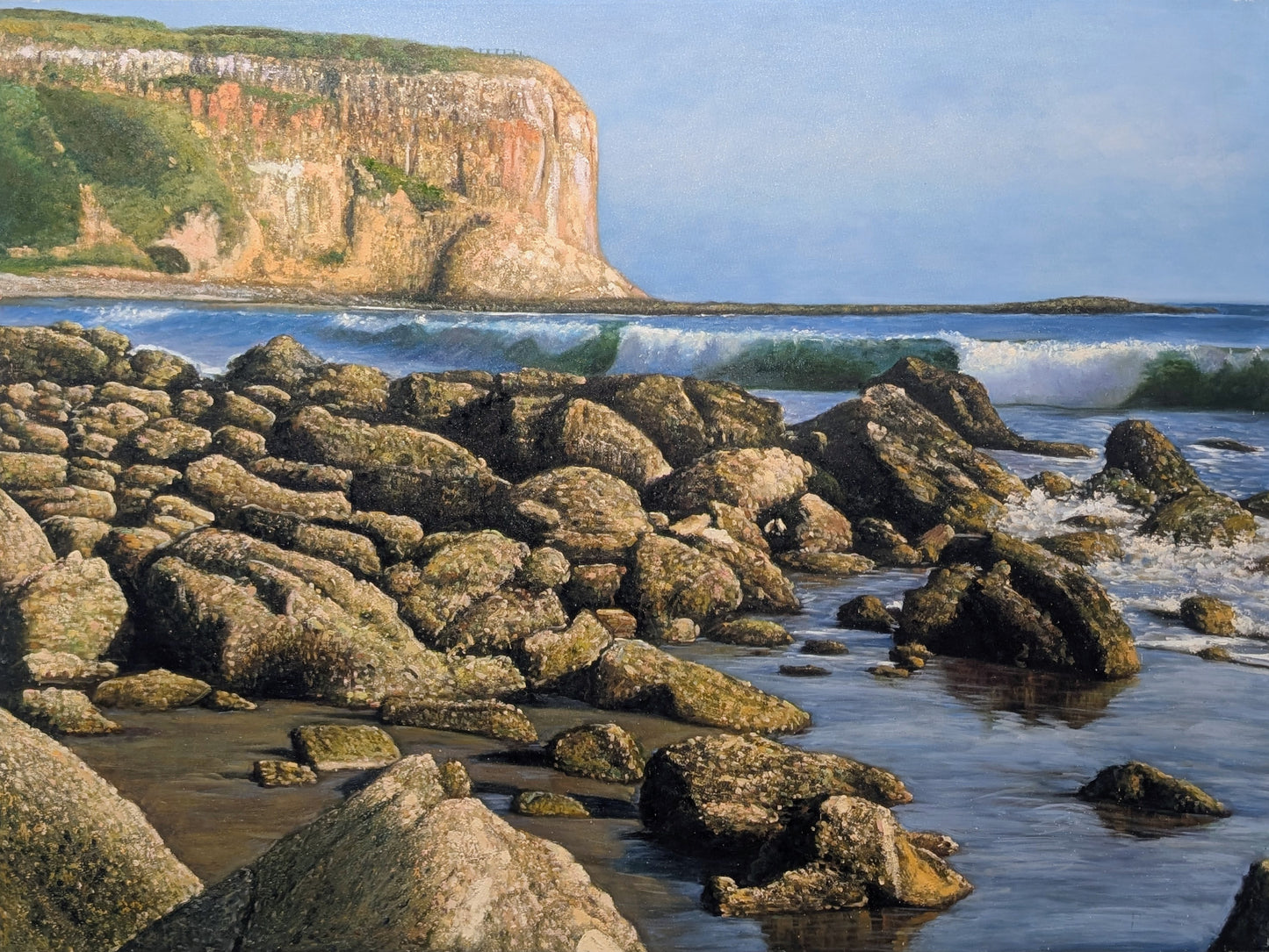 Serene Coastal Beach Landscape Painting of a Rocky Ocean Shore