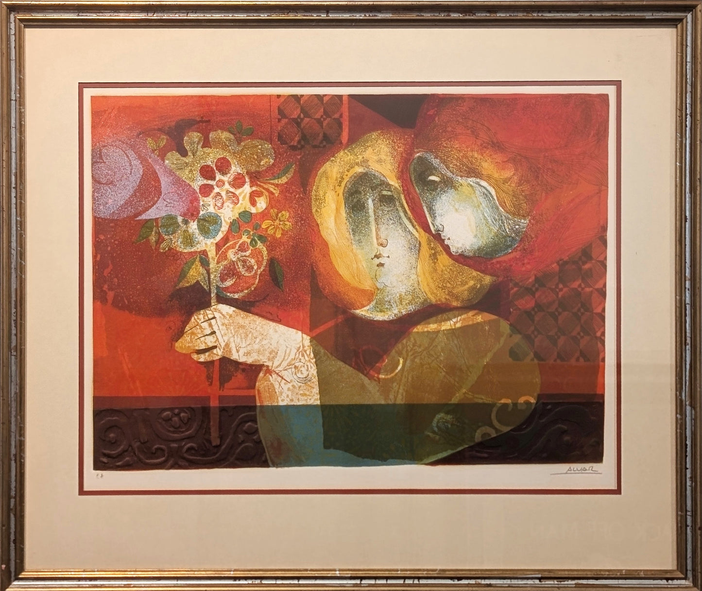 SUNOL ALVAR, "Two Women with Flowers" Modern Red and Yellow Surreal Figurative Abstract Lithograph