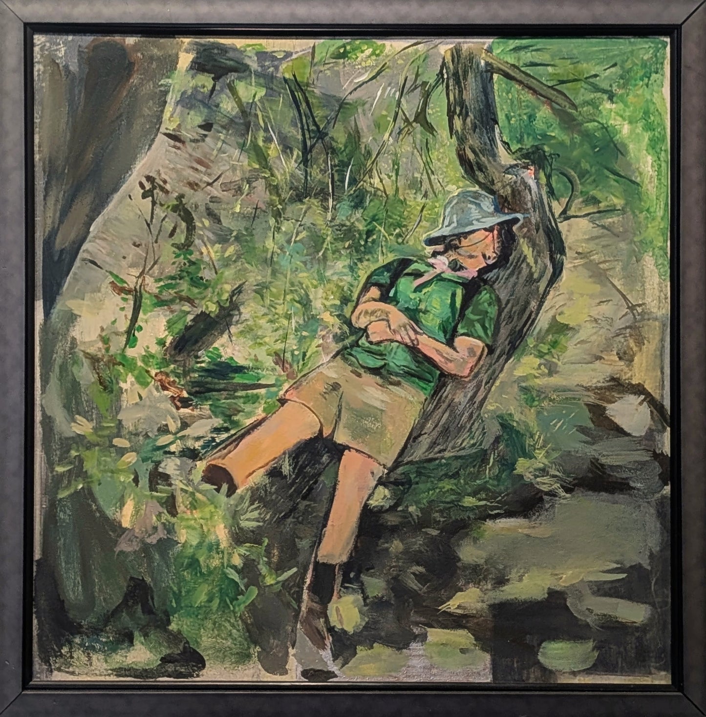 Contemporary Abstract Painting of a Sleeping Male Figure in the Woods