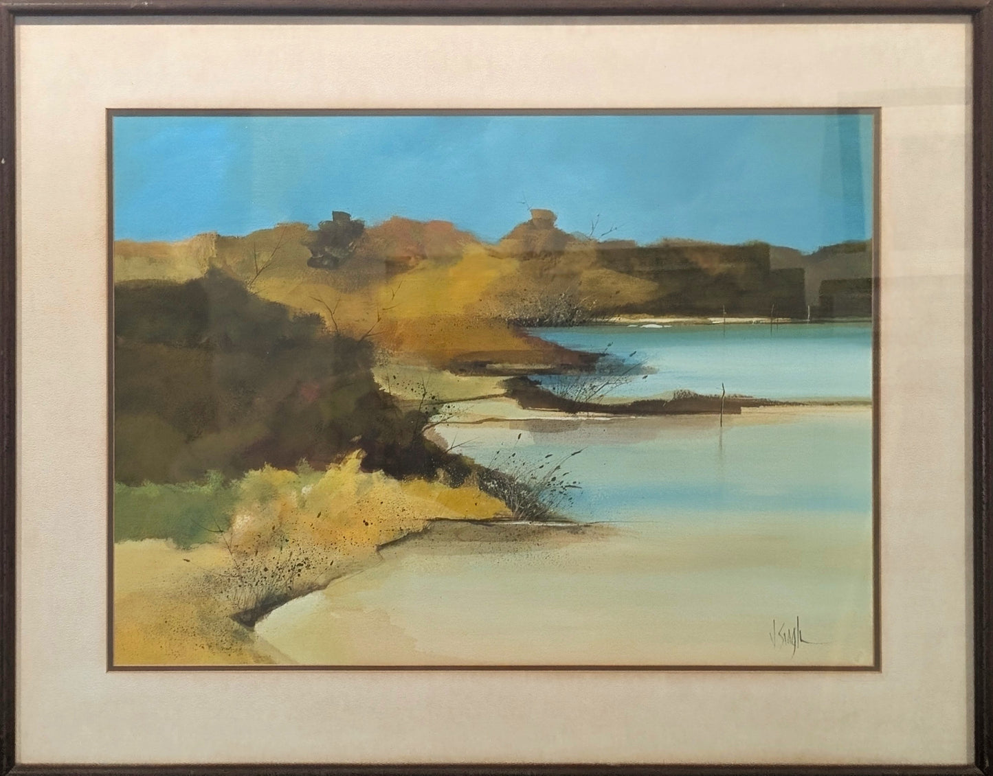 JERRY SEAGLE, "Big Lake" Modern Blue and Yellow Shoreline Landscape Watercolor Painting