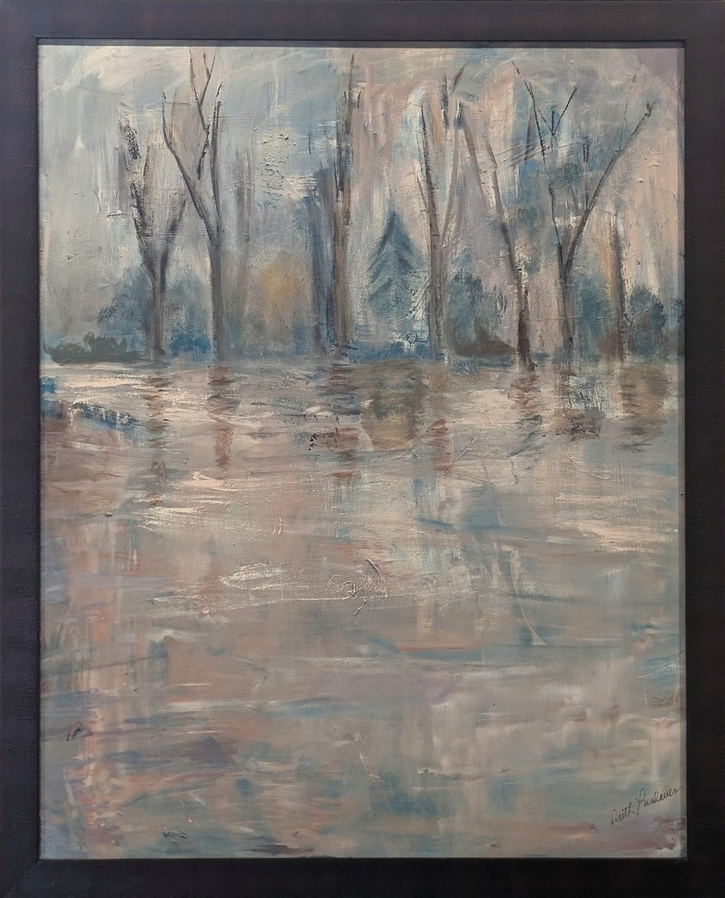 "Forest Side I" Modern Blue Toned Abstract Forest Landscape Painting