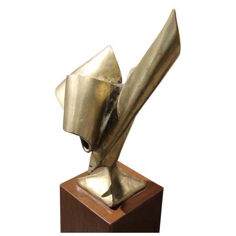 W. R. STEVENSON, “Abstract Bronze” Modern Gold Ribbon Sculpture with Wooden Stand, ca 1970