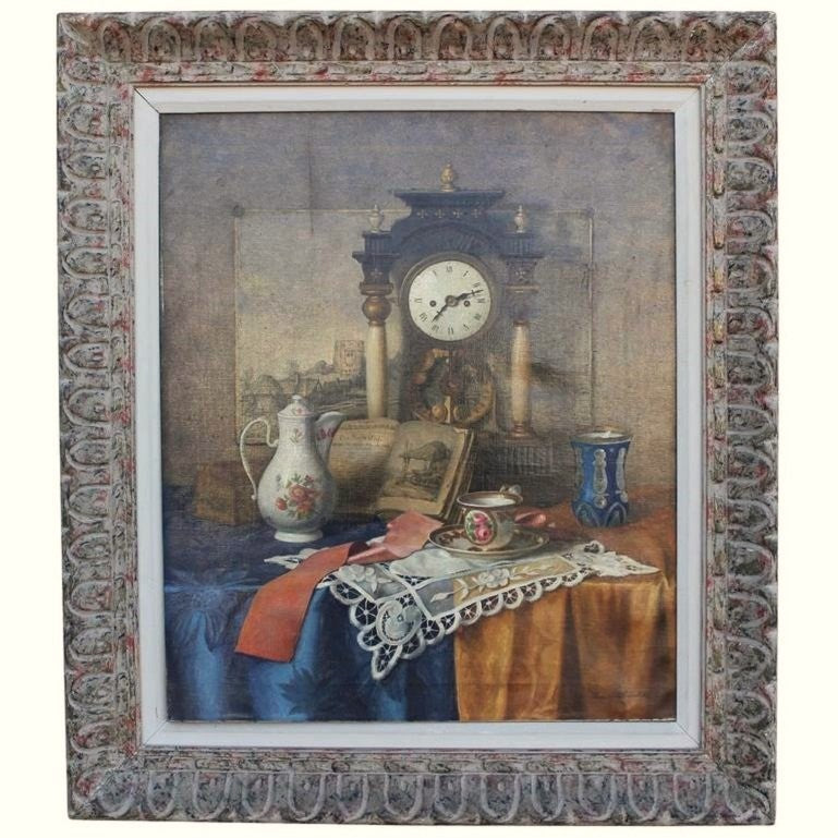 FRANZ KRISCHKE, Still Life Painting of a Clock, Teapot, Teacup, and Book, 1950s