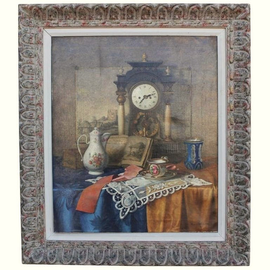 FRANZ KRISCHKE, Still Life Painting of a Clock, Teapot, Teacup, and Book, 1950s