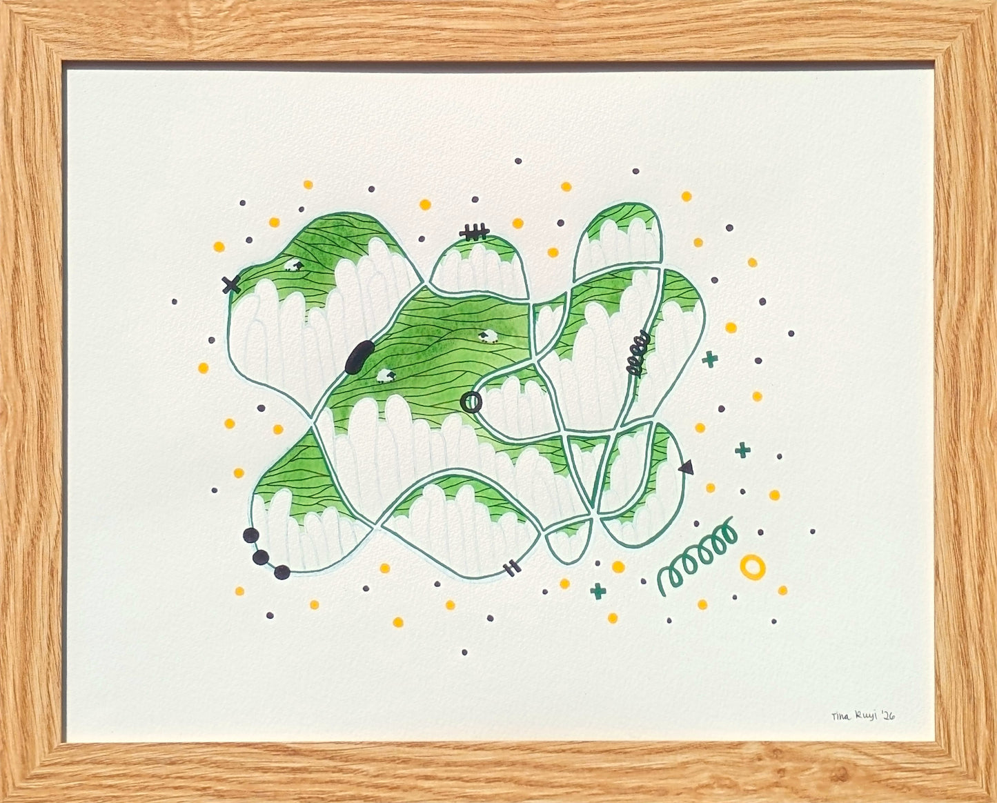 TINA RUYI, "#3 Green Hills" Contemporary Green Toned Patterned Abstract Landscape Painting, 2026
