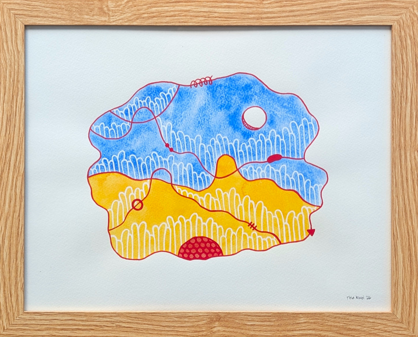 TINA RUYI, "#7 Primary Hills" Contemporary Colorful Red, Yellow, & Blue Patterned Landscape Painting, 2026