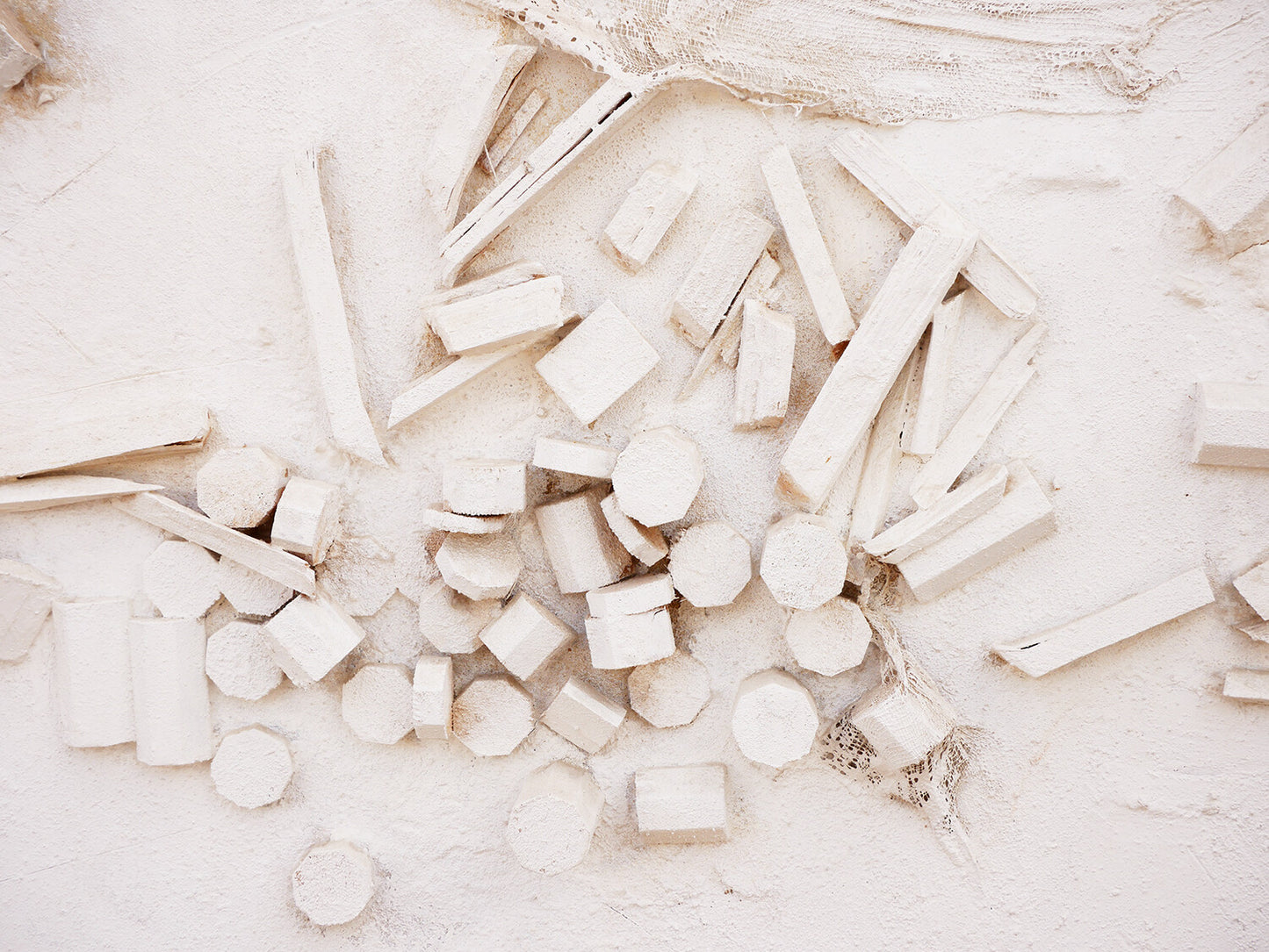 JUAN SANCHEZ JUAREZ, Modern Abstract Monochromatic White Assemblage Construction Sculpture on Canvas,  Late 20th Century