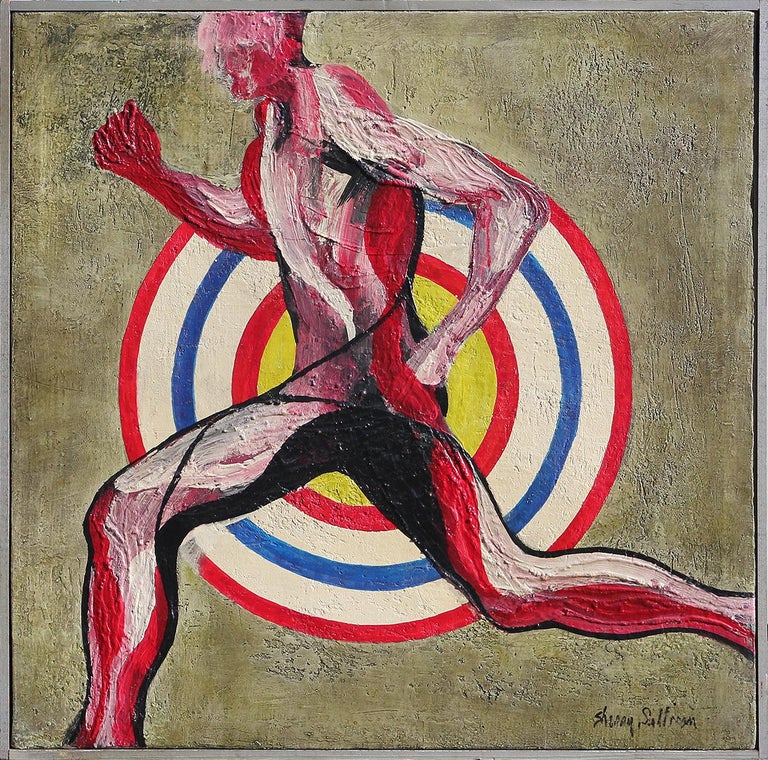 SHERRY SULLIVAN, Green Toned Abstract Figurative Marathon Runner with Colorful Target Painting, 20th Century