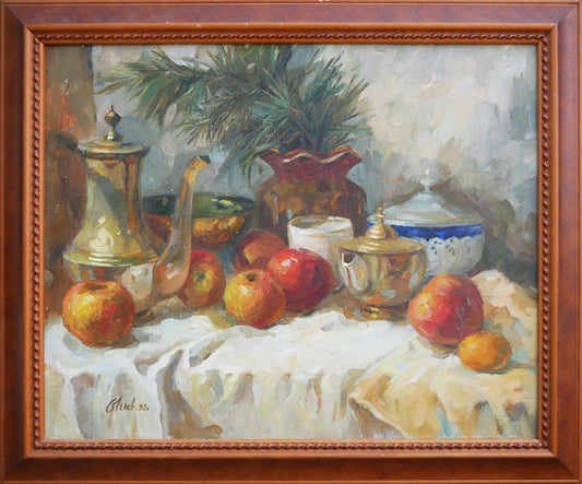 UNKNOWN, Naturalistic Interior Still Life Painting of Jugs, Fruits, and Foliage, 1999