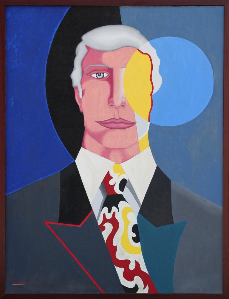 ROBERT SANDMAN, "The Vision" Modern Blue, Red, and Yellow Abstract Geometric Portrait Painting, 1980s