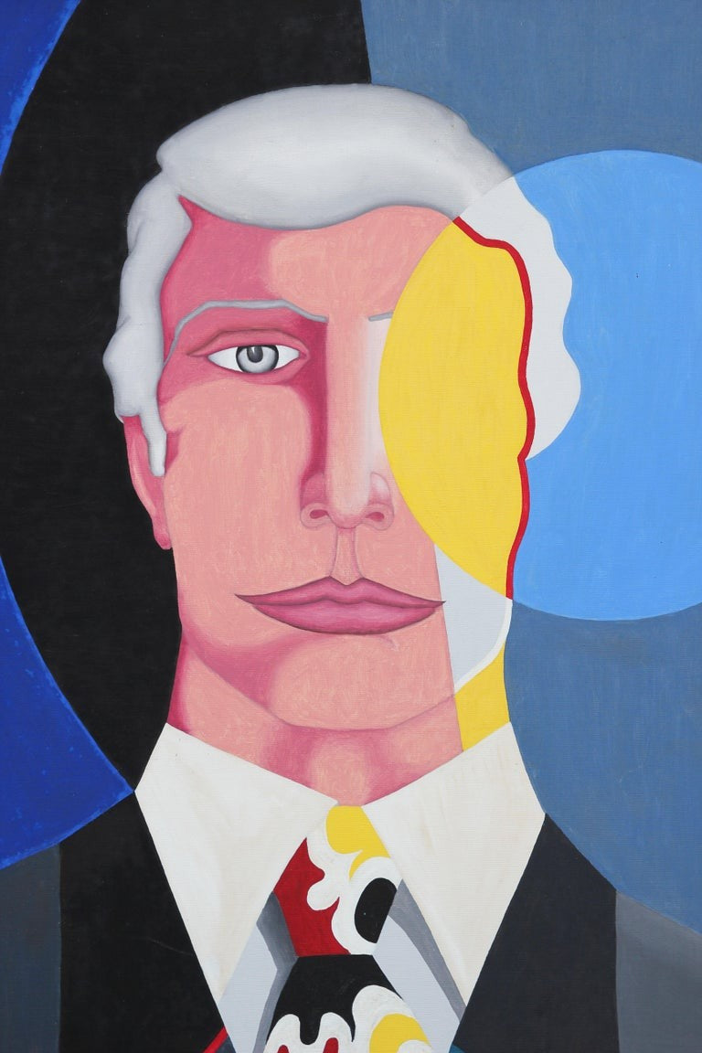 ROBERT SANDMAN, "The Vision" Modern Blue, Red, and Yellow Abstract Geometric Portrait Painting, 1980s
