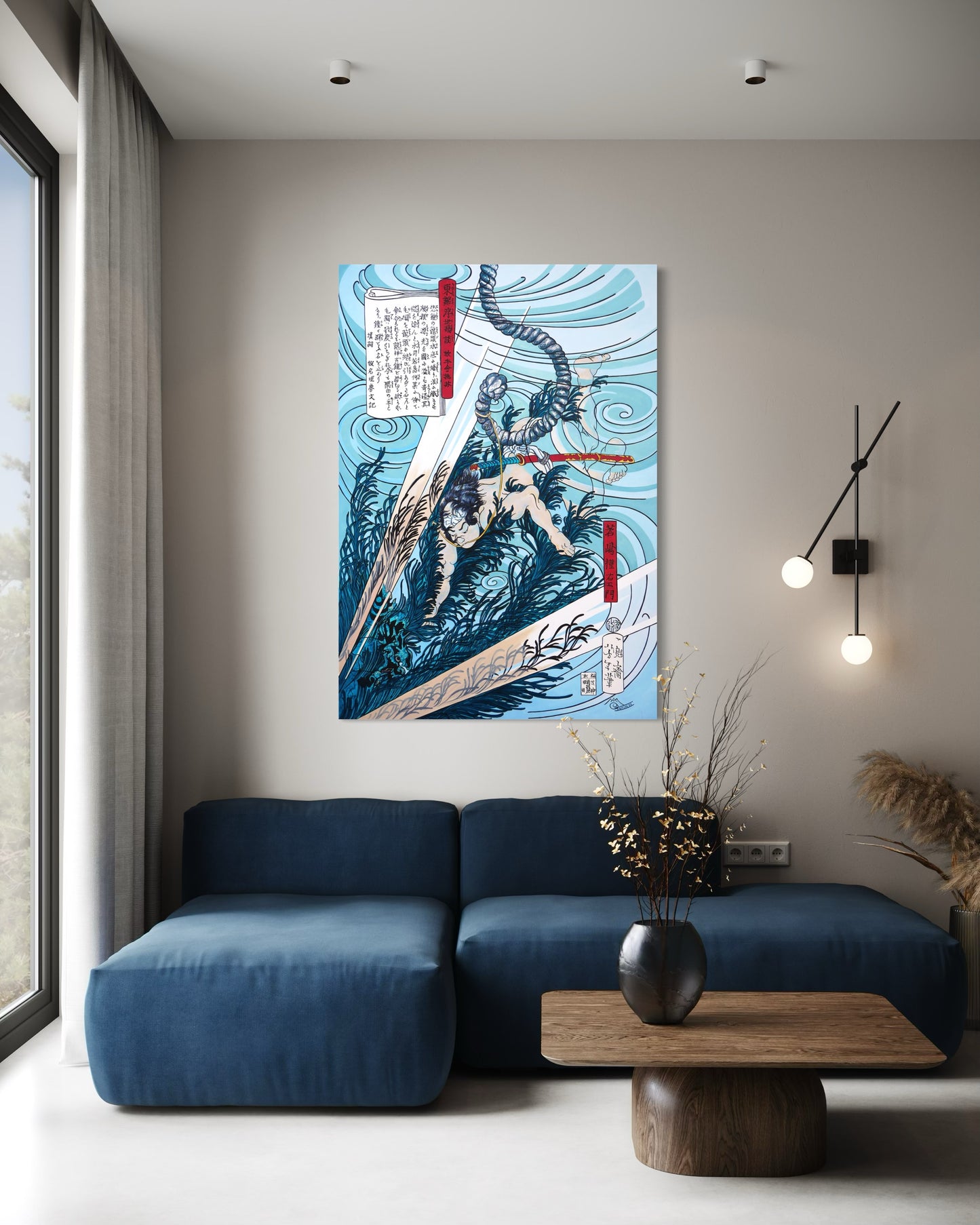 UNKNOWN, Large Blue Painting of “Wakashima Gonemon Swimming Underwater” Ukiyo-e Print, 1992