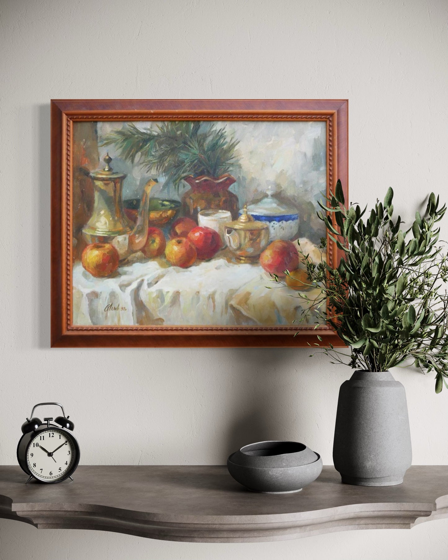 UNKNOWN, Naturalistic Interior Still Life Painting of Jugs, Fruits, and Foliage, 1999
