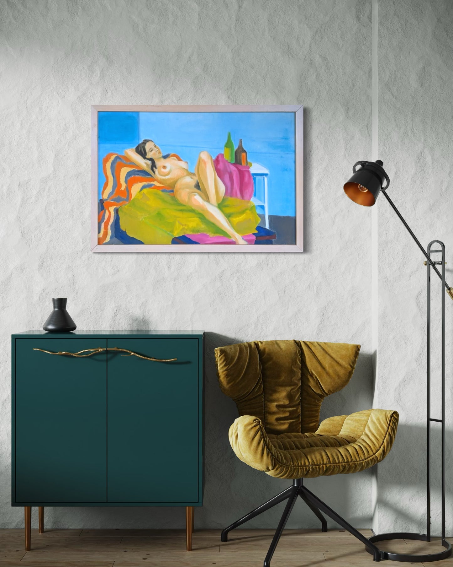 KOUMAS, "La Greca" Modern Colorful Lounging Nude Female Painting 1960s