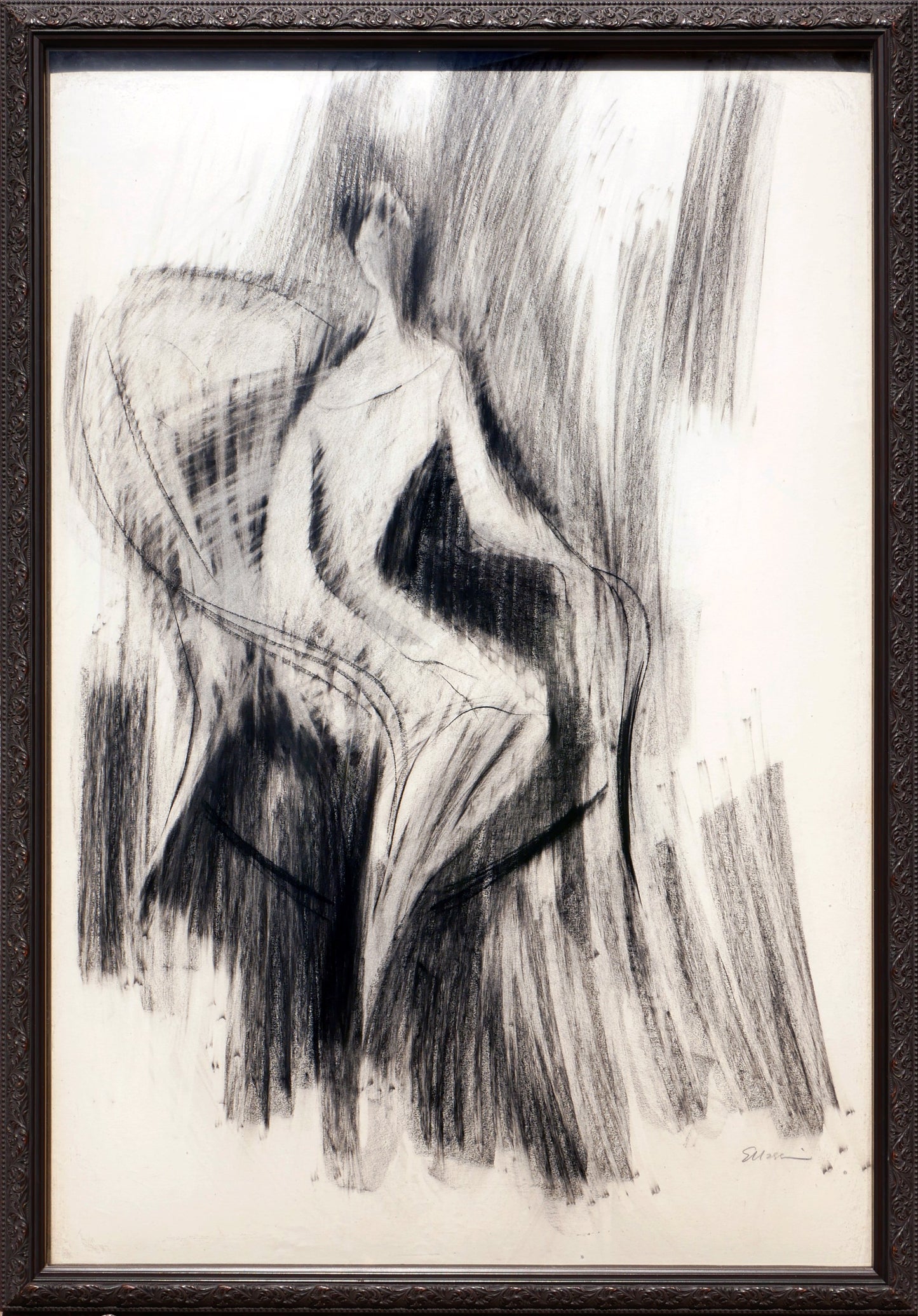 EUGENE MAX MASSIN, Modern Abstract Figurative Charcoal Drawing of a Woman in a Peacock Chair, 20th Century