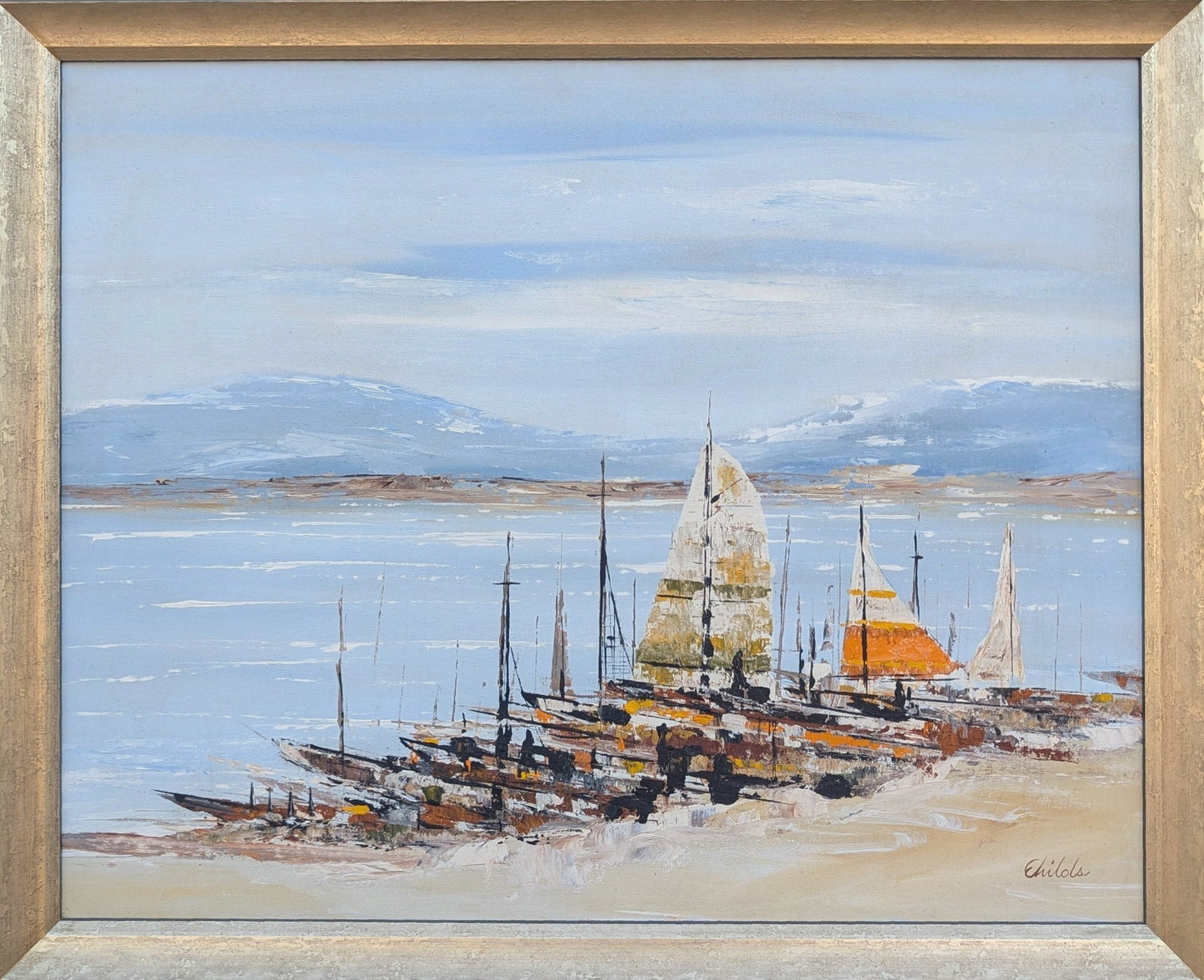 UNKNOWN, Modern Abstract Seaside Ocean Landscape of a Dock with Sailboats, 20th Century