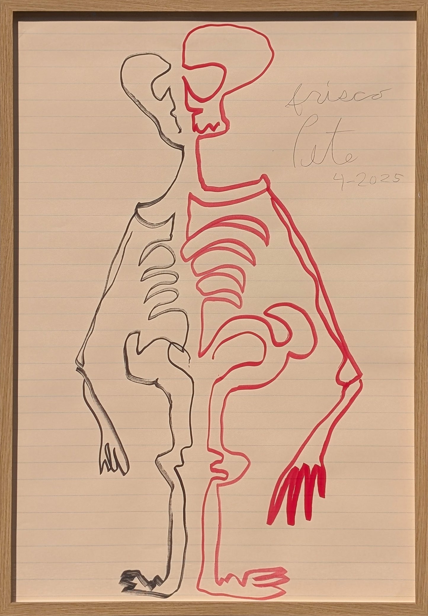 FRISCO PETE, “Two-Handed Drawing: Moody Skeleton” Contemporary Red and Black Line Drawing, 2025