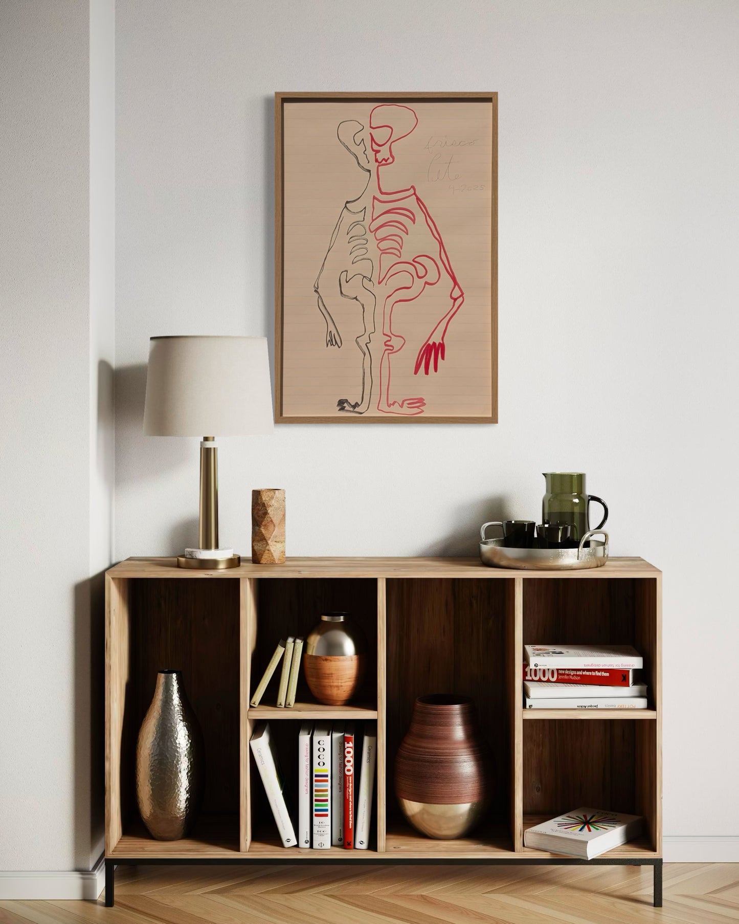 FRISCO PETE, “Two-Handed Drawing: Moody Skeleton” Contemporary Red and Black Line Drawing, 2025