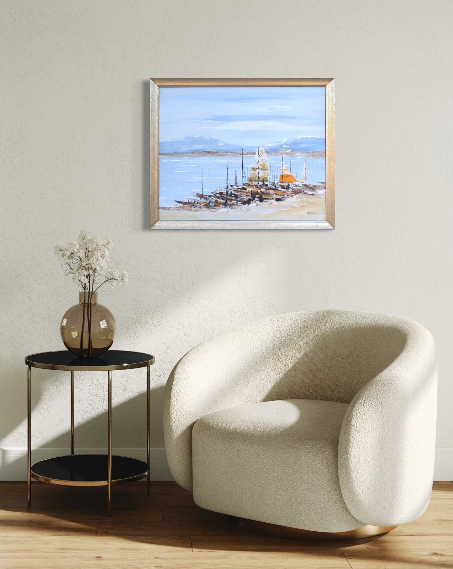 UNKNOWN, Modern Abstract Seaside Ocean Landscape of a Dock with Sailboats, 20th Century