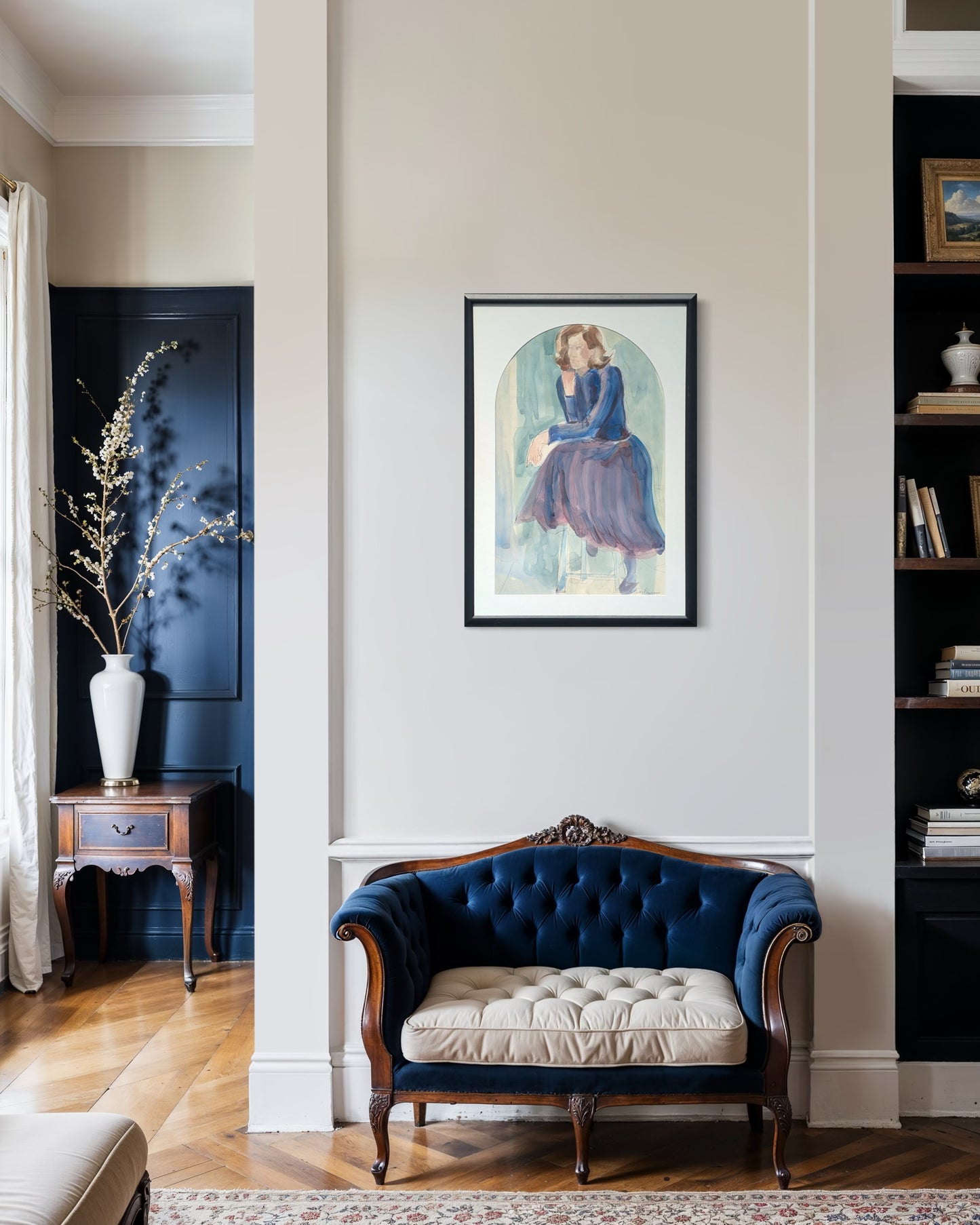 RUTH LANDAUER, "The Lady, She Thinks" Gestural Watercolor Portrait of a Woman in Blue and Purple