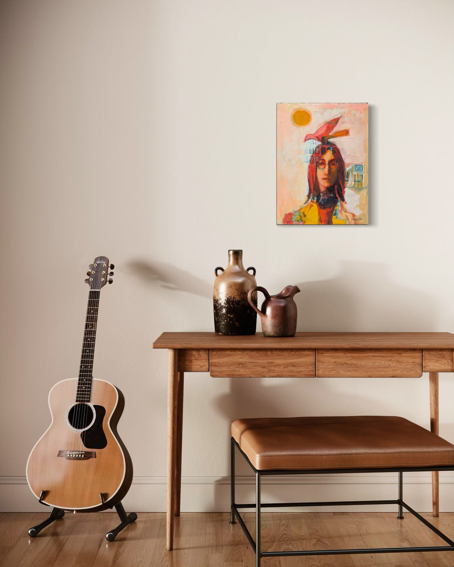 DAVID ADICKES, Modern Abstract Warm Toned Portrait of John Lennon from the Beatles with a Bird, 20th Century