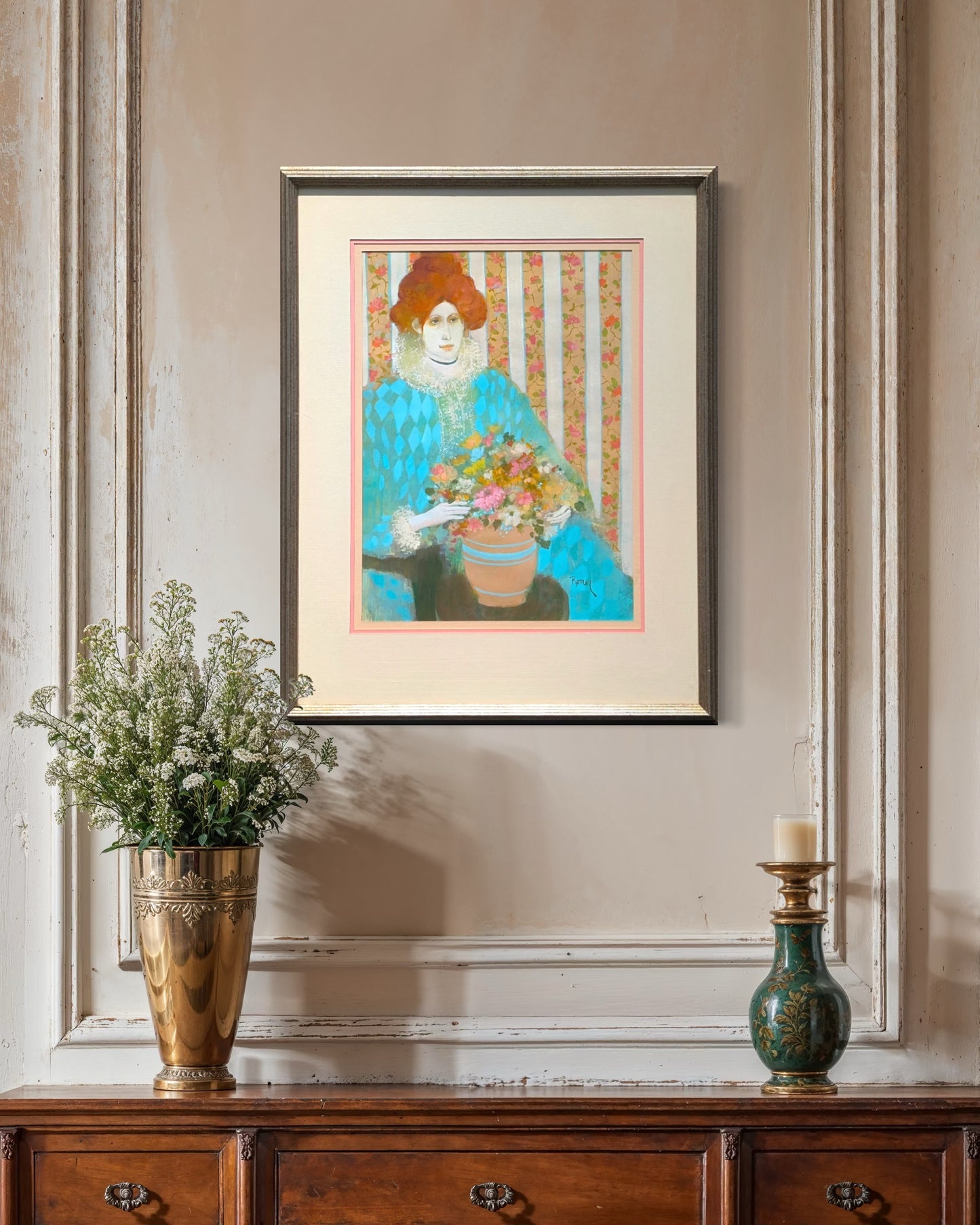 SHIRLEY ROMER, "Le Jeune Fille" Colorful Portrait of a Young Woman with Flowers, 1960s