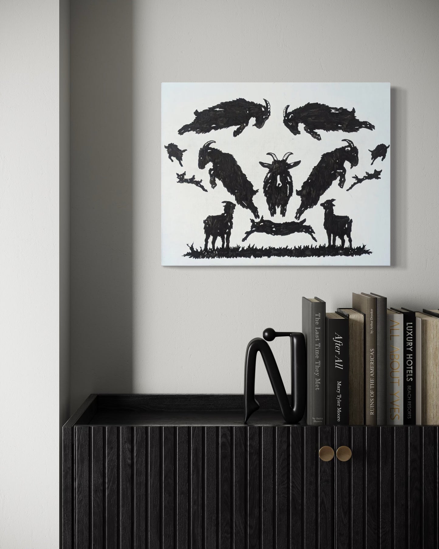 ROBIN BAKER, Contemporary Black and White Abstract Painting of Leaping Goats, 2026