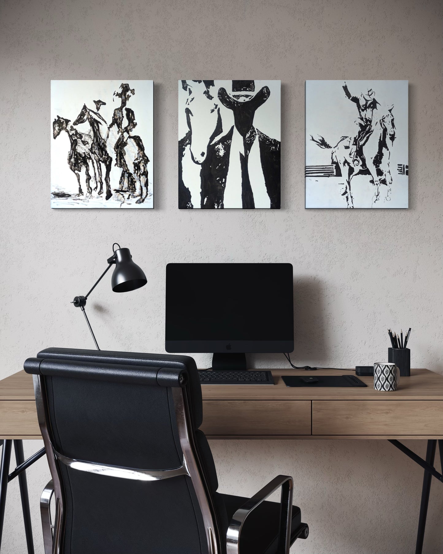 ROBIN BAKER, Contemporary Black and White Abstract Western Cowboy and Horse Painting, 2026
