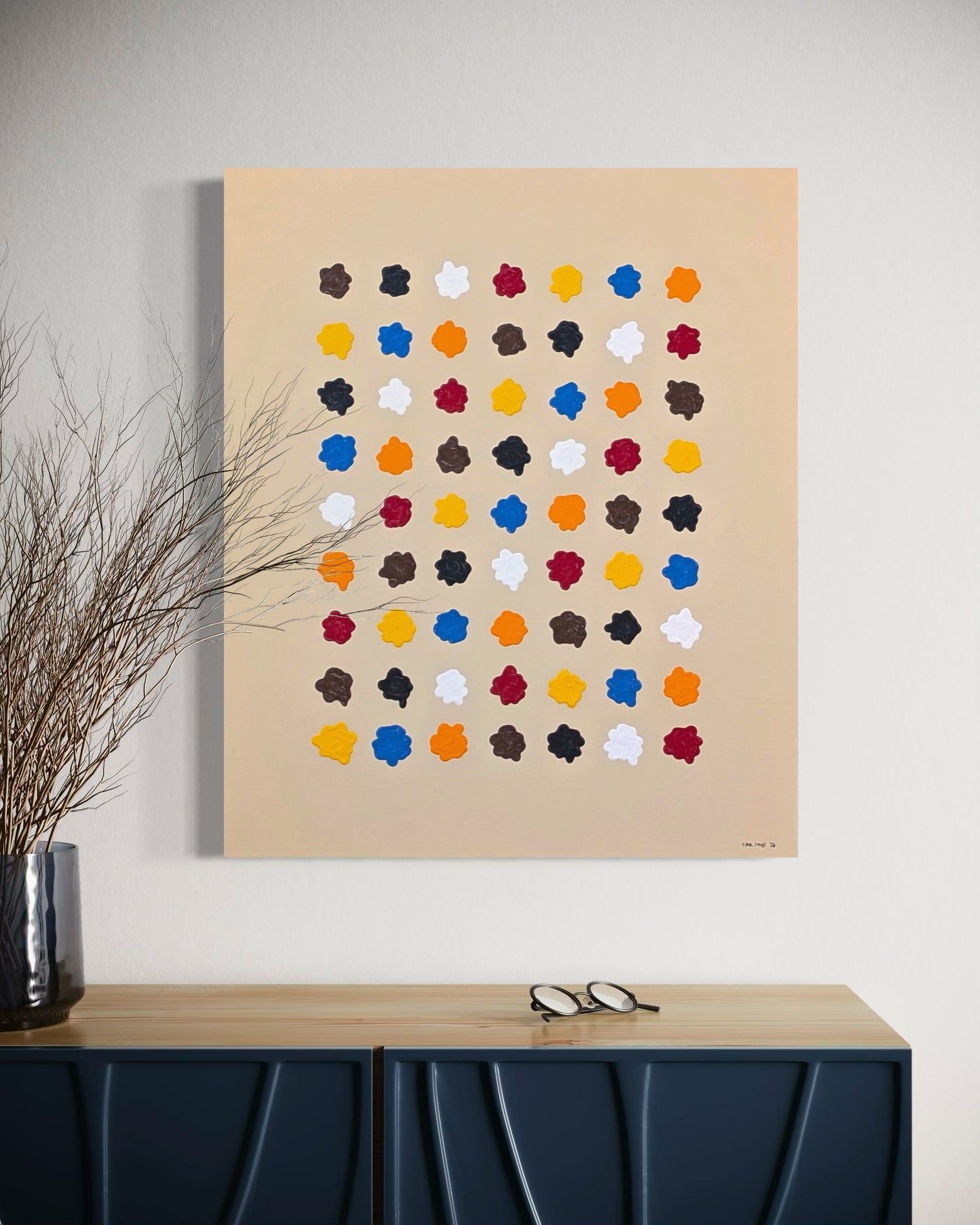 TINA RUYI, "Blobs!" Contemporary Blue, Red, Yellow, & Orange Abstract Painting of a Grid of Blob Shapes, 2026