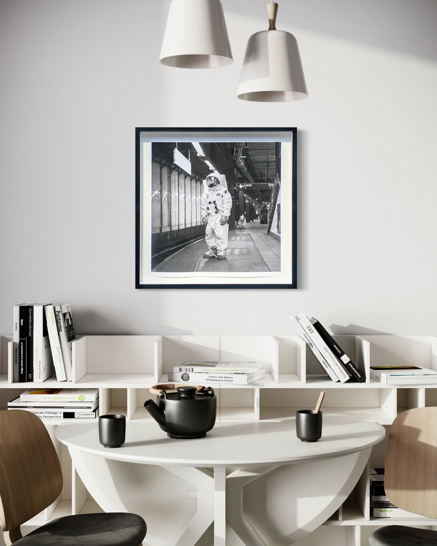 ANDY BLANK, "Space Underground" Contemporary Black and White Photograph of an Astronaut Riding a Bike