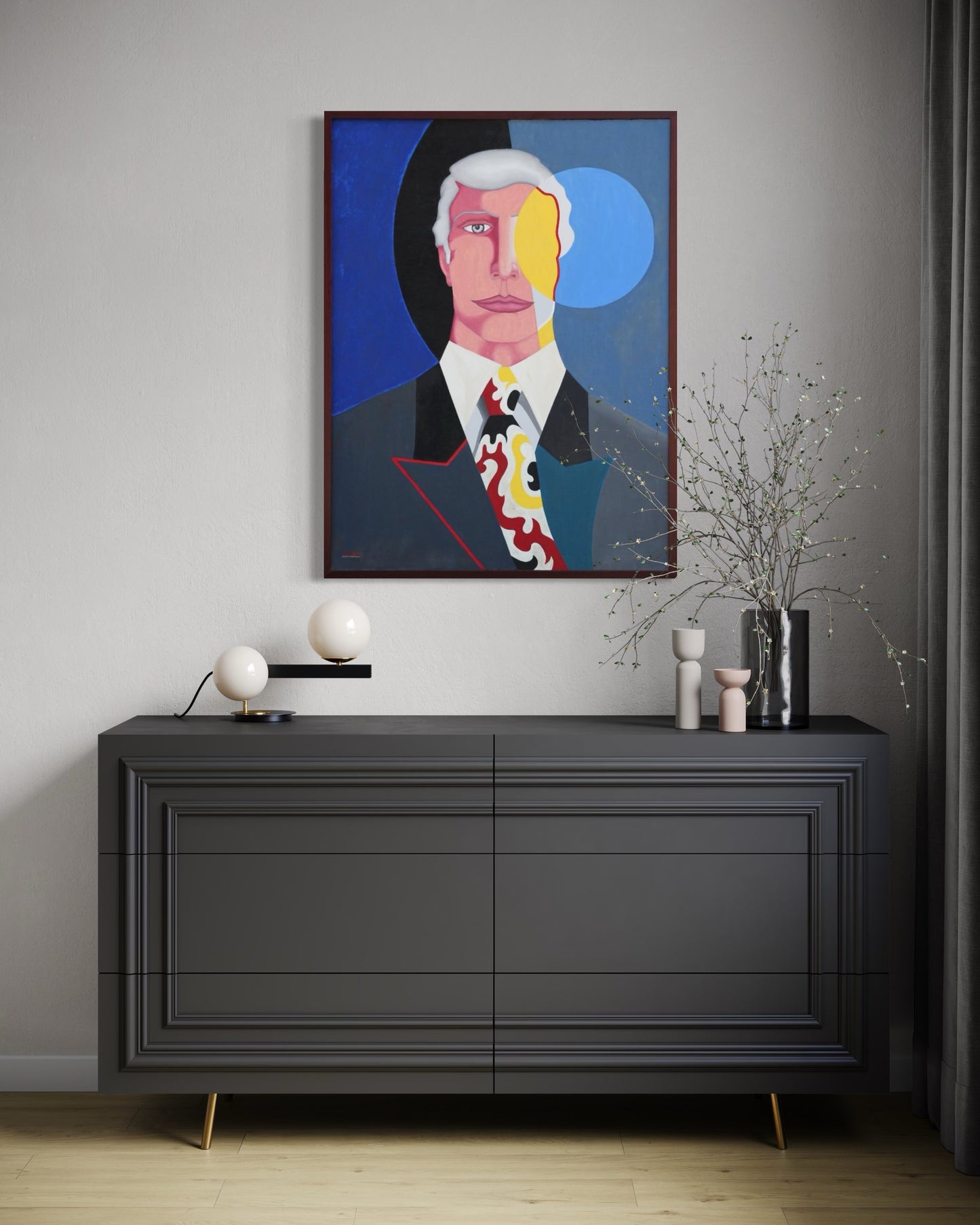 ROBERT SANDMAN, "The Vision" Modern Blue, Red, and Yellow Abstract Geometric Portrait Painting, 1980s