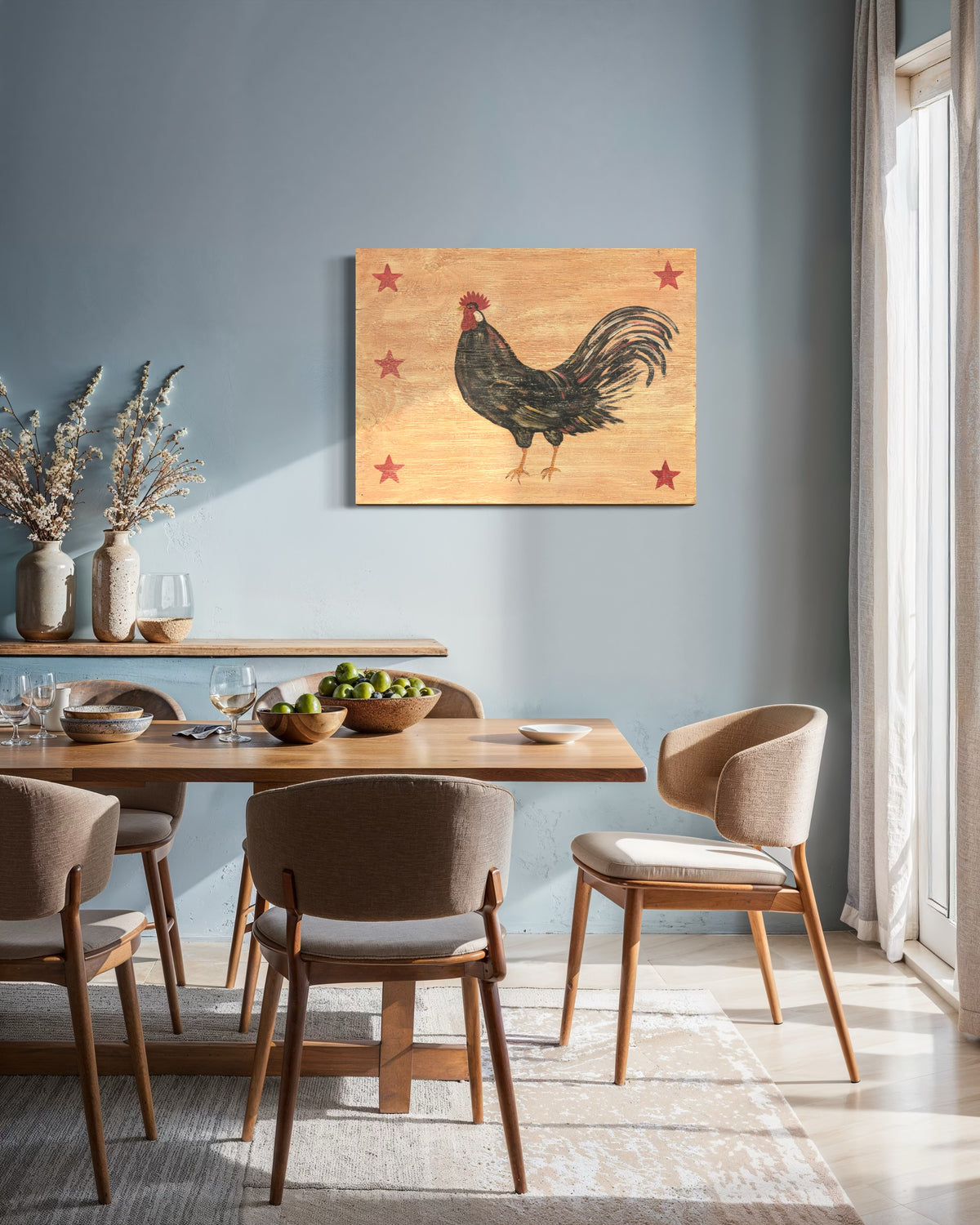 UNKNOWN, Rustic Rural Painting of a Black Rooster and Red Stars on Wooden Board