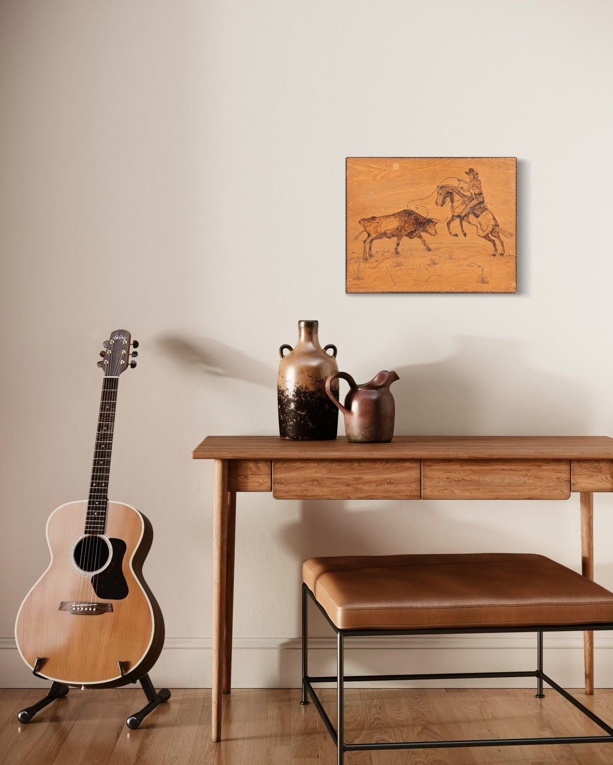 UNKNOWN, Rustic Rural Wood Burned Drawing of a Cowboy on Horseback Roping a Bull on Wooden Board