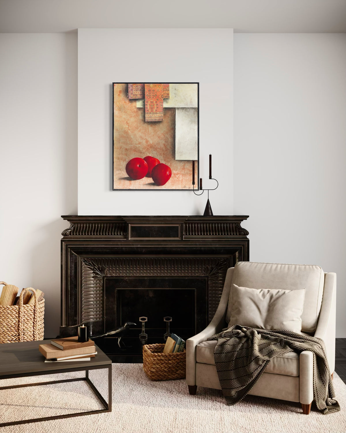 CLAUDIO MISSAGIA, Dark Toned Mixed Media Abstract Still Life of Apples and Fabric