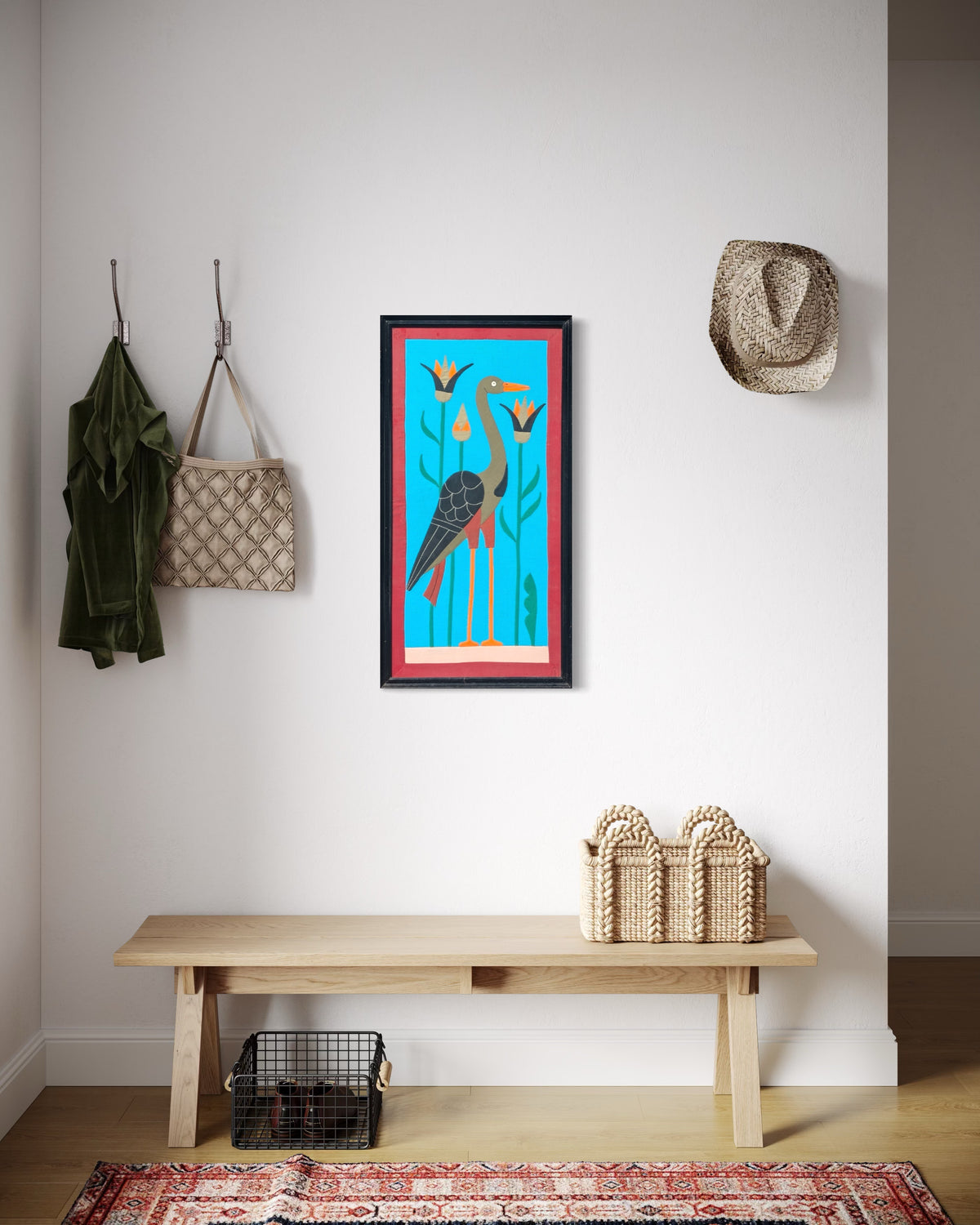 UNKNOWN, Handmade Blue and Red Fabric Collage of a Crane in the Water
