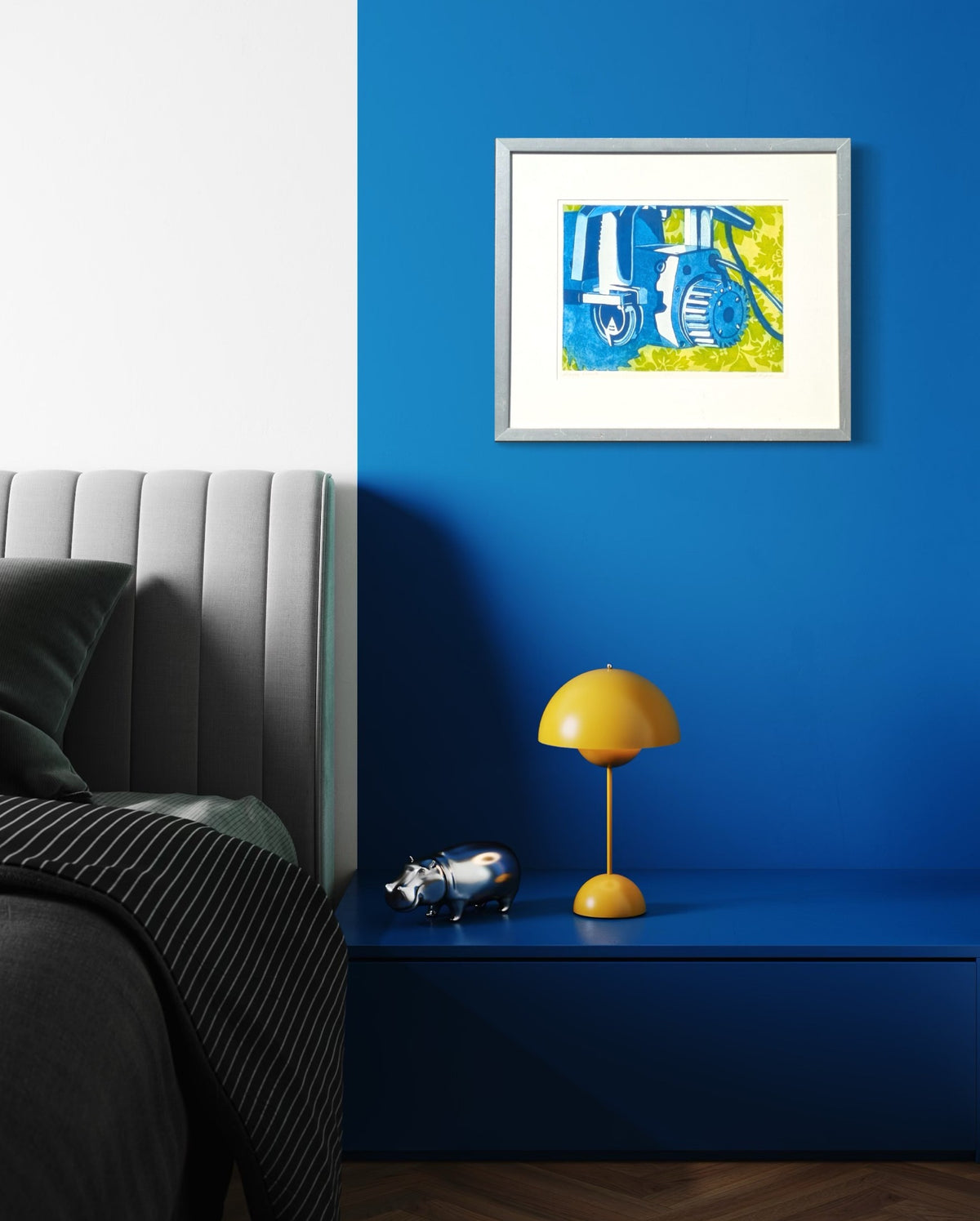 UNKNOWN, "Sharply Delicate" Abstract Blue and Green Lithograph of Machinery Against Foliage